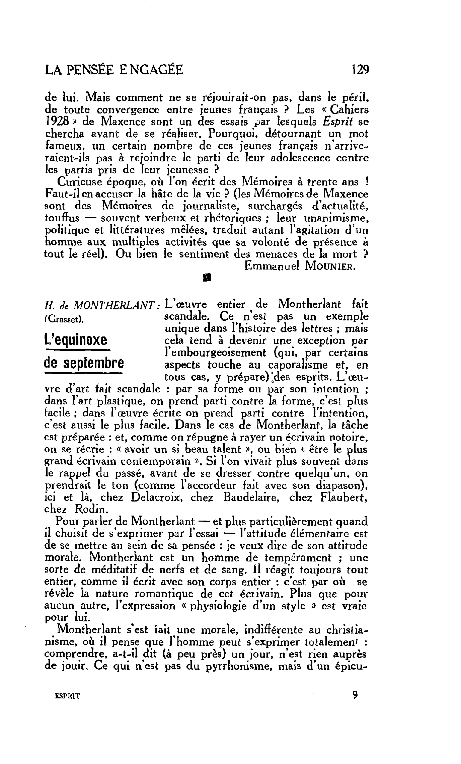 LA PENSÉE ENGAGÉE : H. de MONTHERLANT. L’equinoxe de septembre