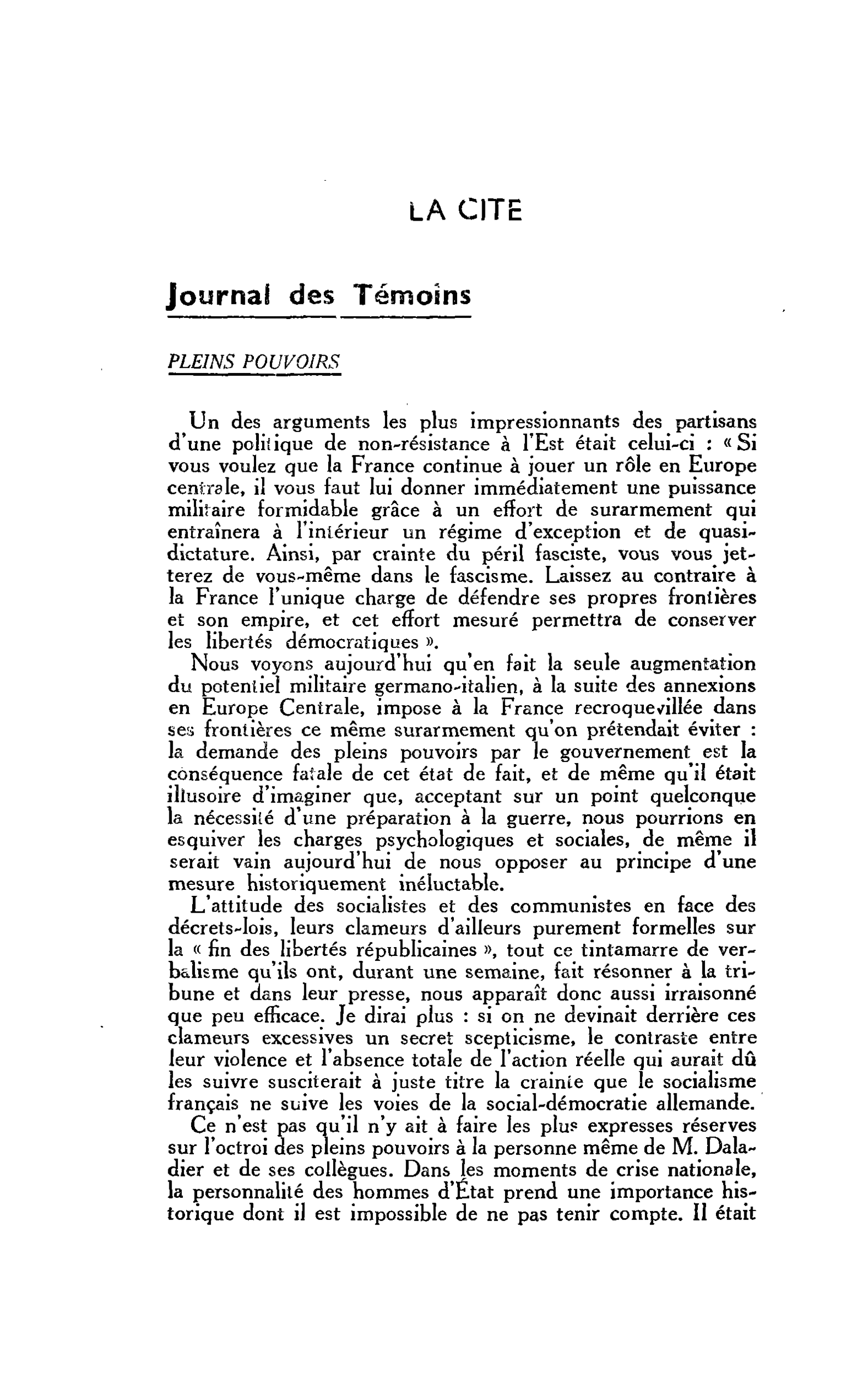 LA CITE. Journal des Témoins. PLEINS POUVOIRS