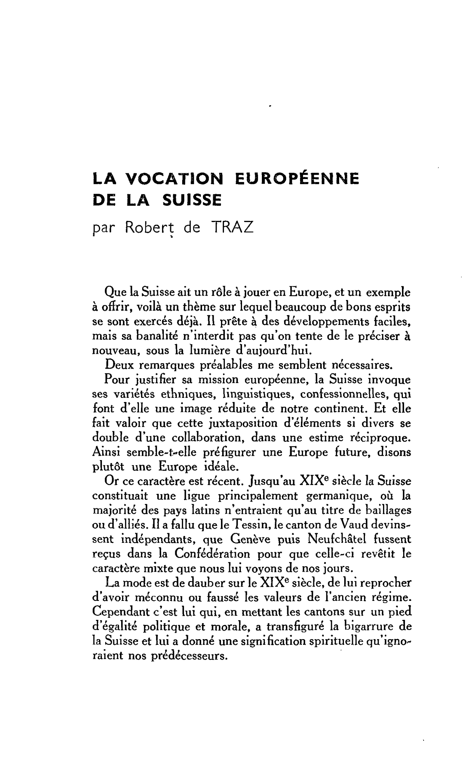 LA VOCATION EUROPÉENNE DE LA SUISSE