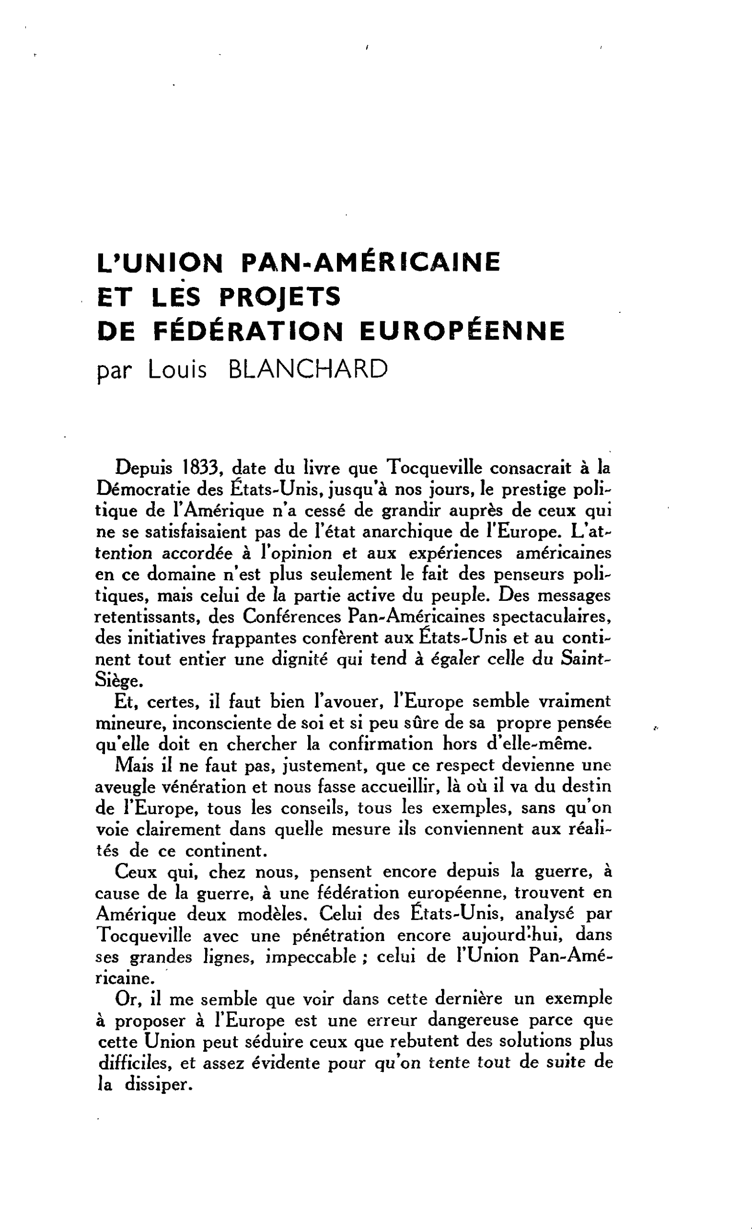 L’UNION PAN-AMÉRICAINE ET LES PROJETS DE FÉDÉRATION EUROPÉENNE