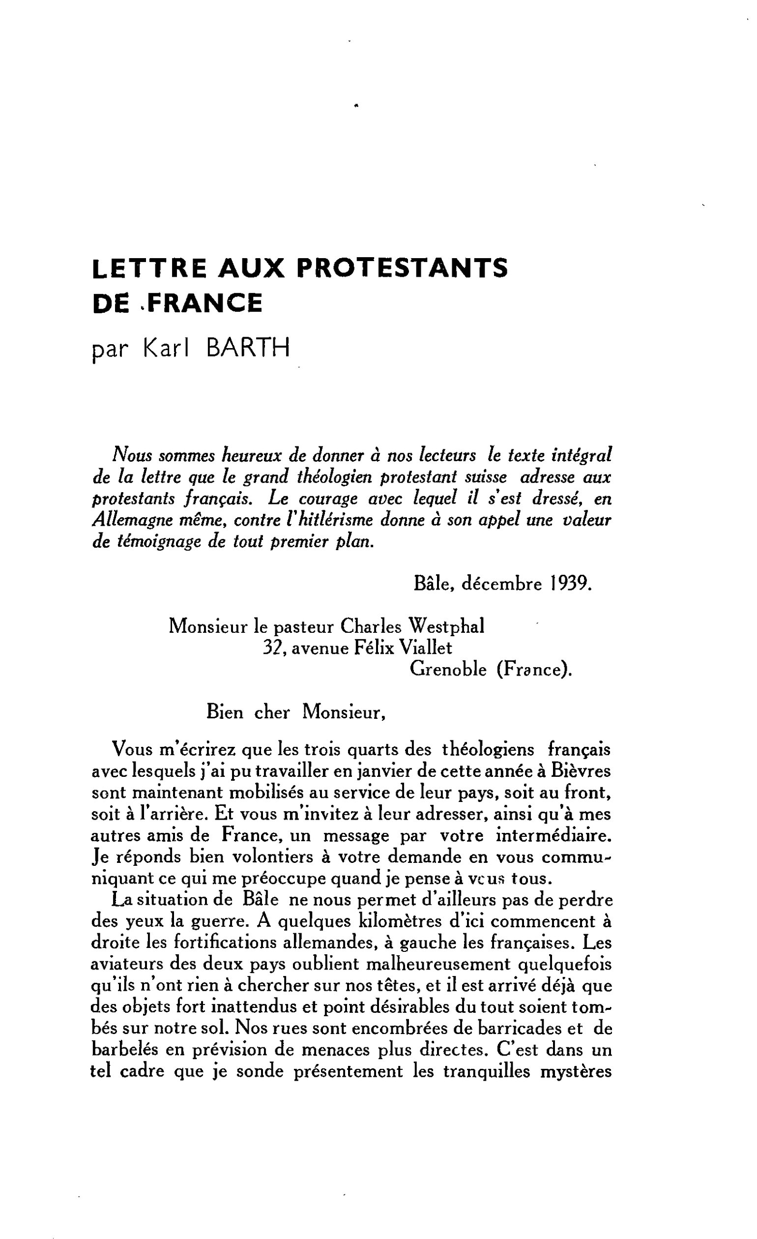 LETTRE AUX PROTESTANTS DE FRANCE