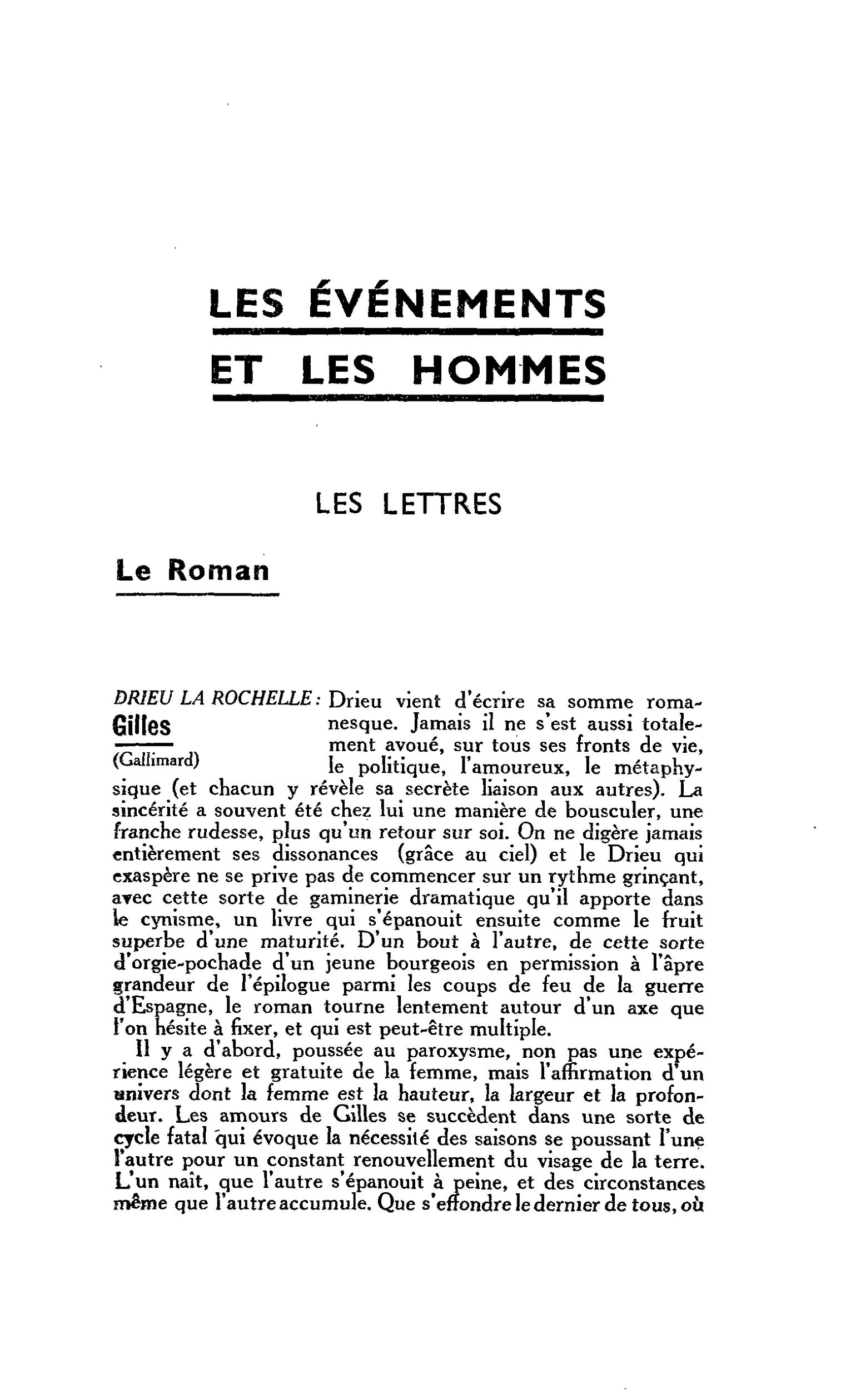 LES LETTRES. Le Roman. DRIEU LA ROCHELLE : Gilles