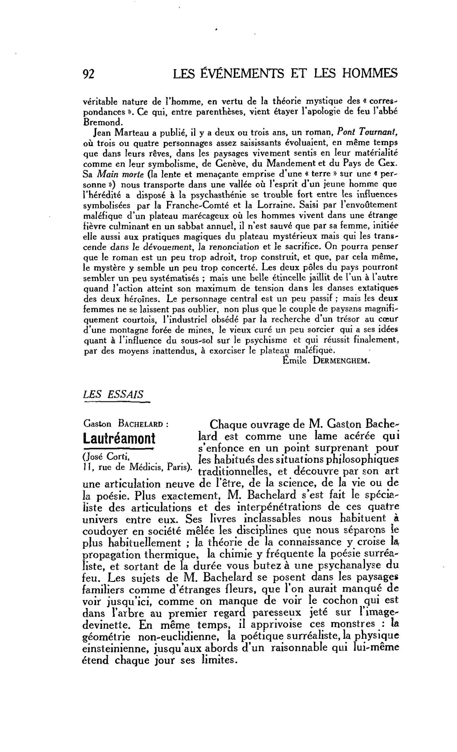 LES LETTRES. Le Roman. LES ESSAIS. Gaston Bachelard : Lautréamont