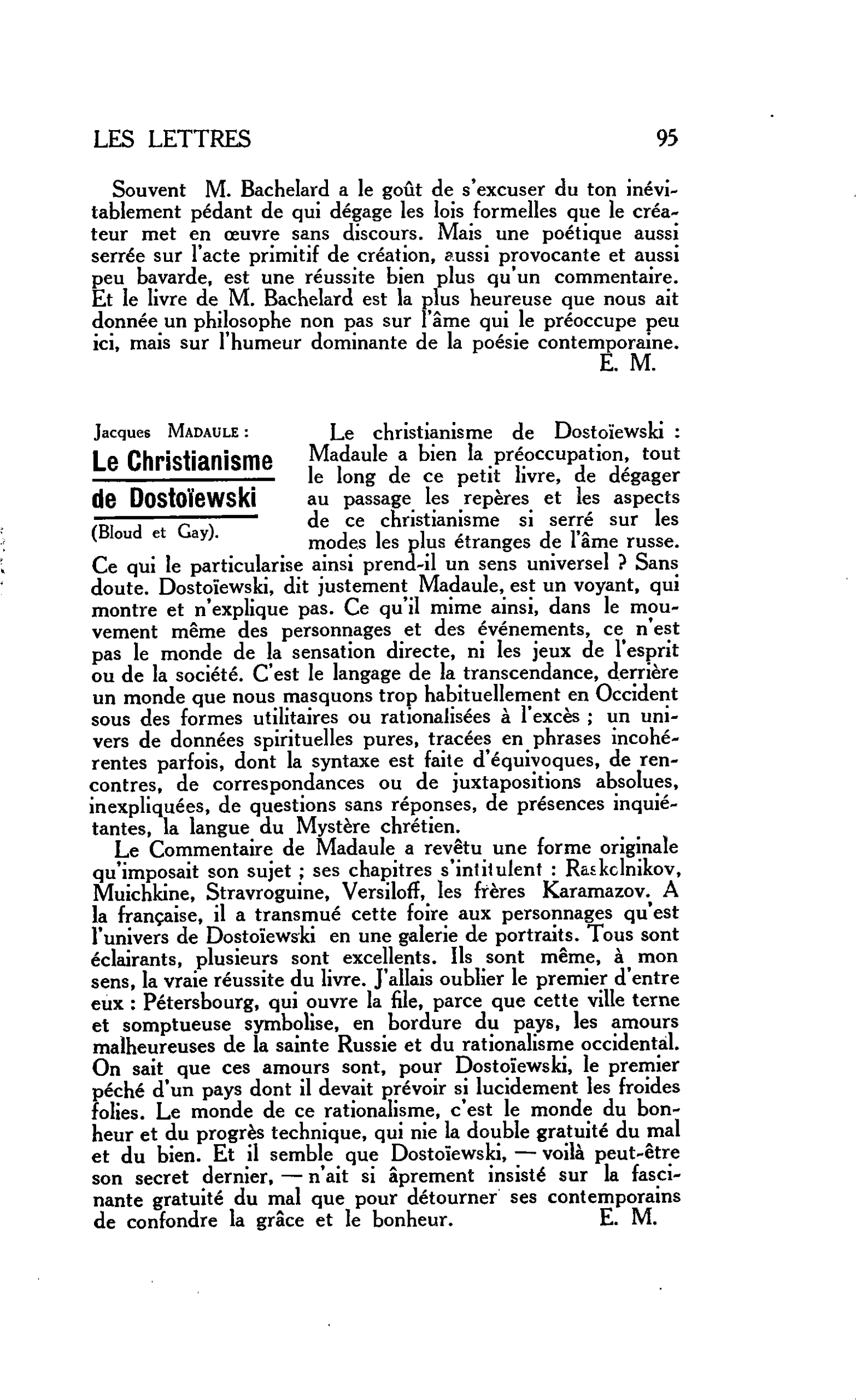 LES LETTRES. Le Roman. Jacques MADAULE : Le Christianisme de Dostoïewski