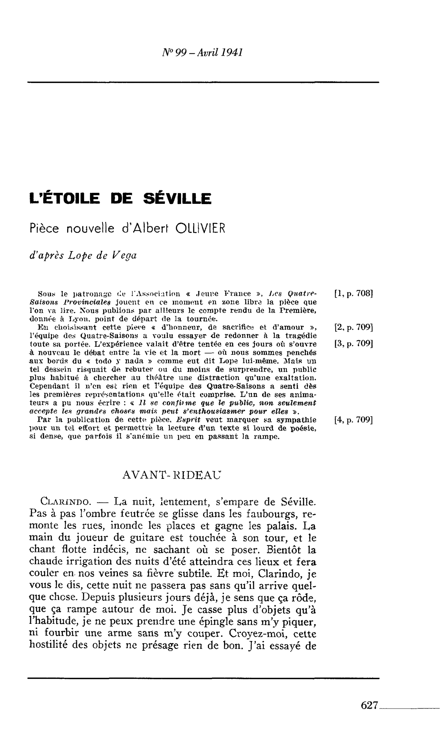 L’ÉTOILE DE SÉVILLE. Pièce nouvelle d’ Albert OLLIVIER d’après Lope de Vega