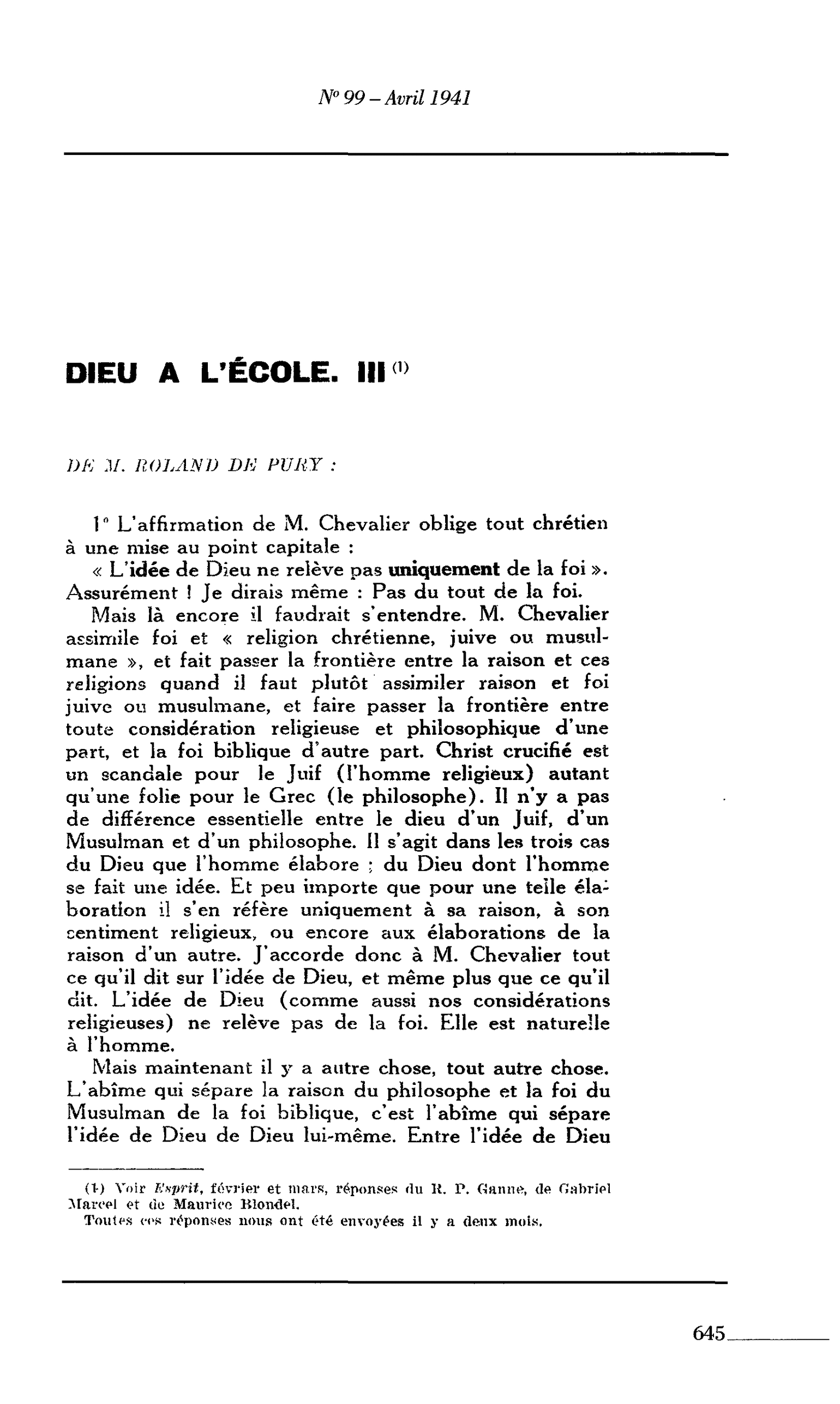 DIEU A L’ÉCOLE. III. DE M. ROLAND DE PURY