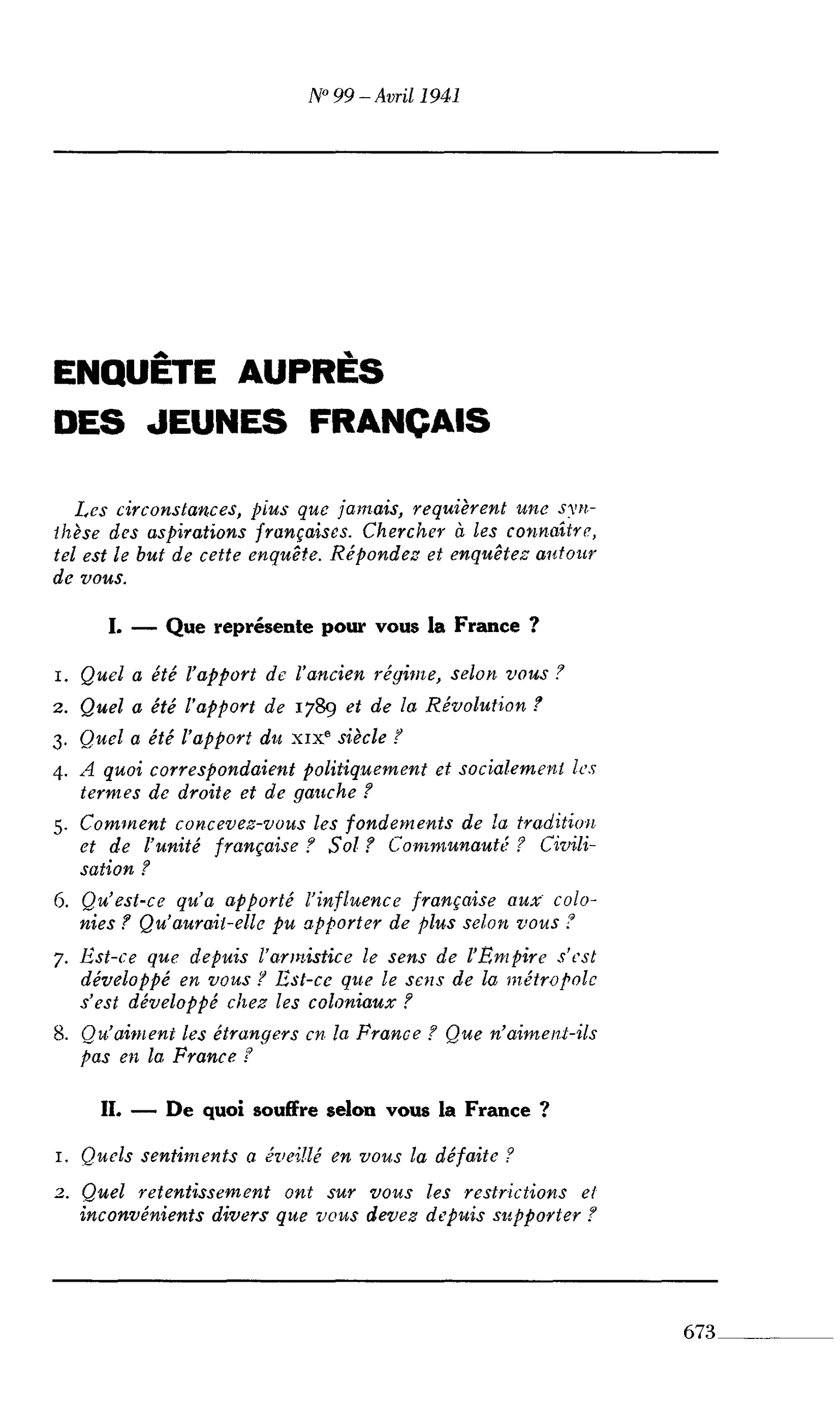 ENQUETE AUPRES DES JEUNES FRANÇAIS