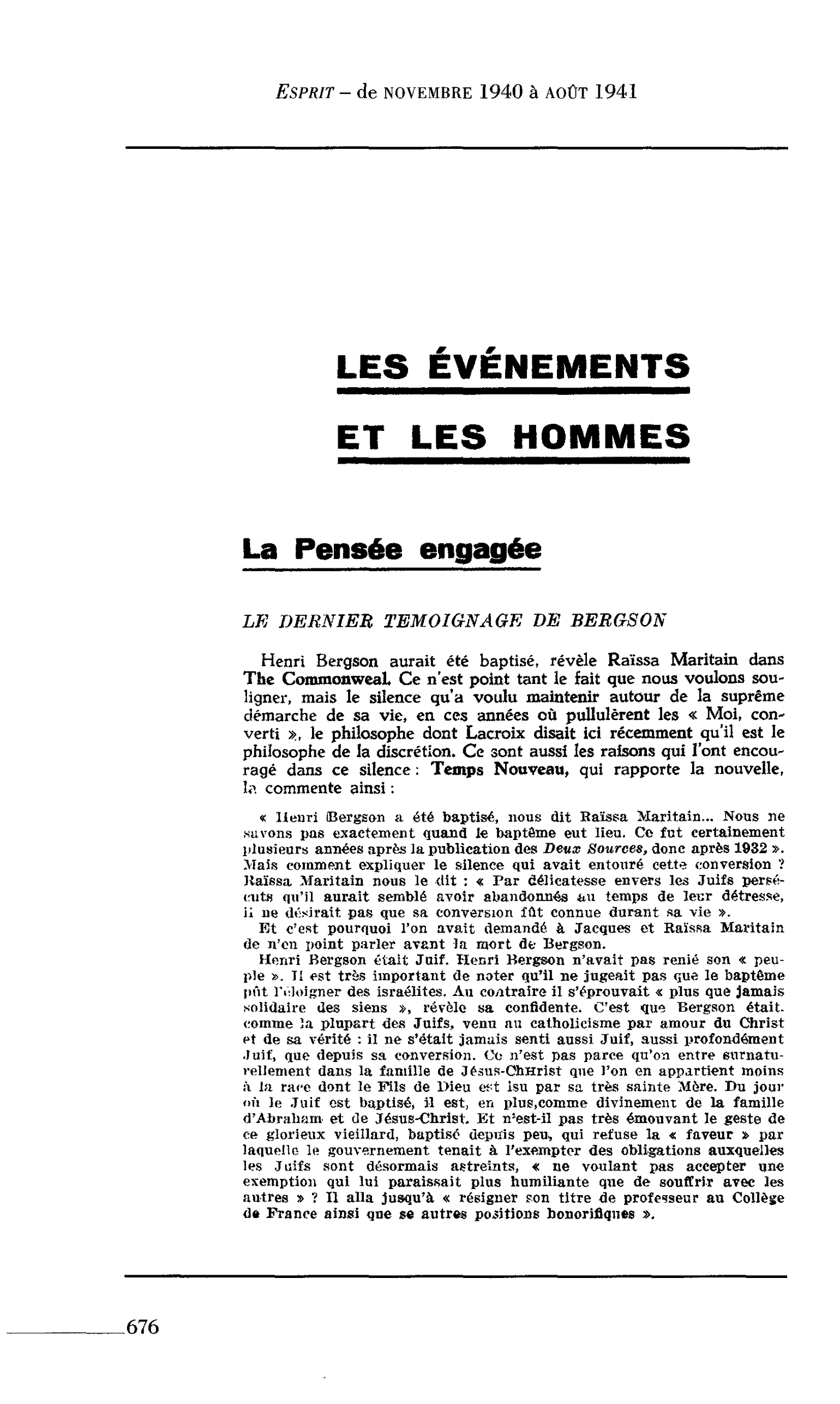 La Pensée engagée : LE DERNIER TEMOIGNAGE DE BERGSON