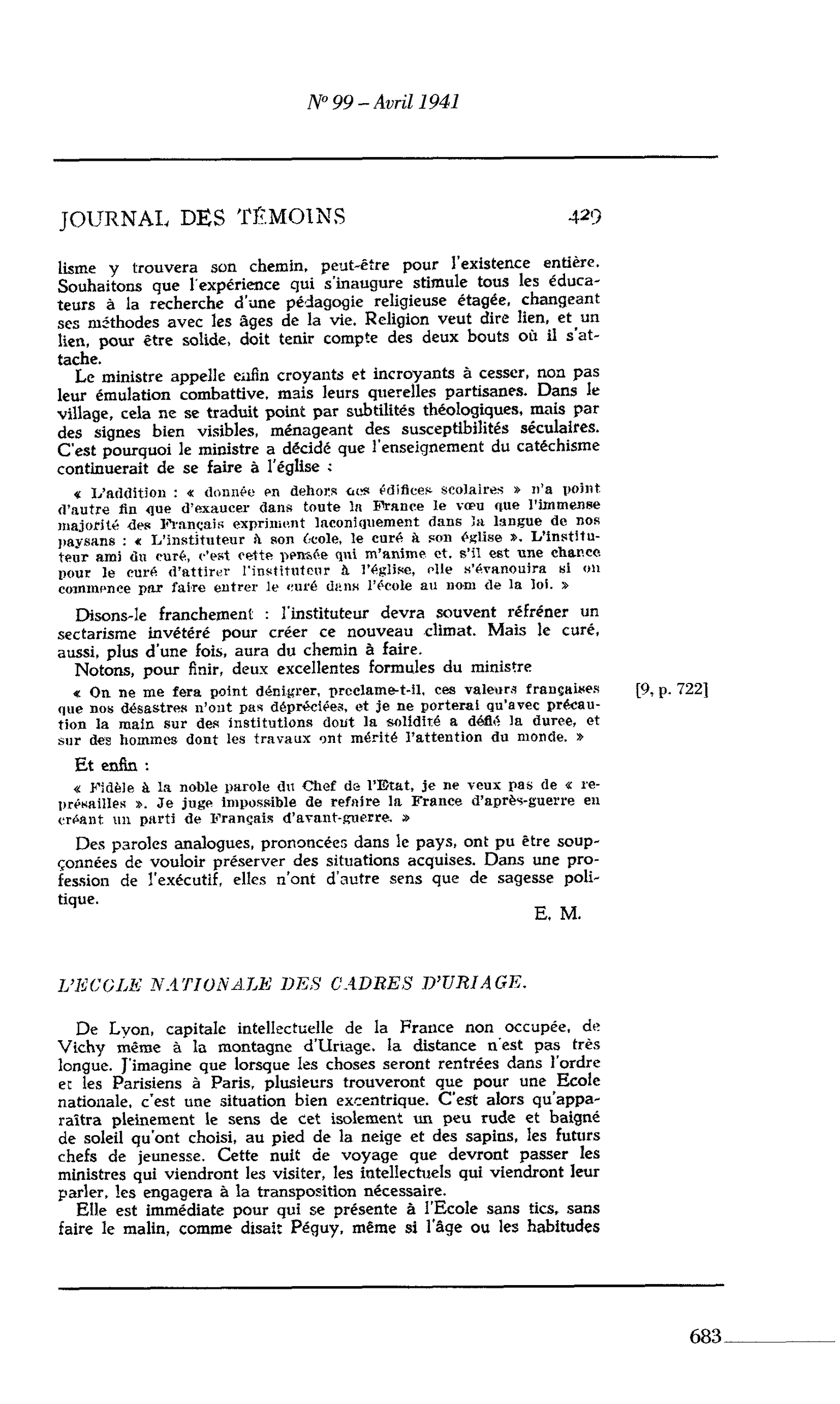 Journal des Témoins : L’ECOLE NATIONALE DES CADRES D’URIAGE