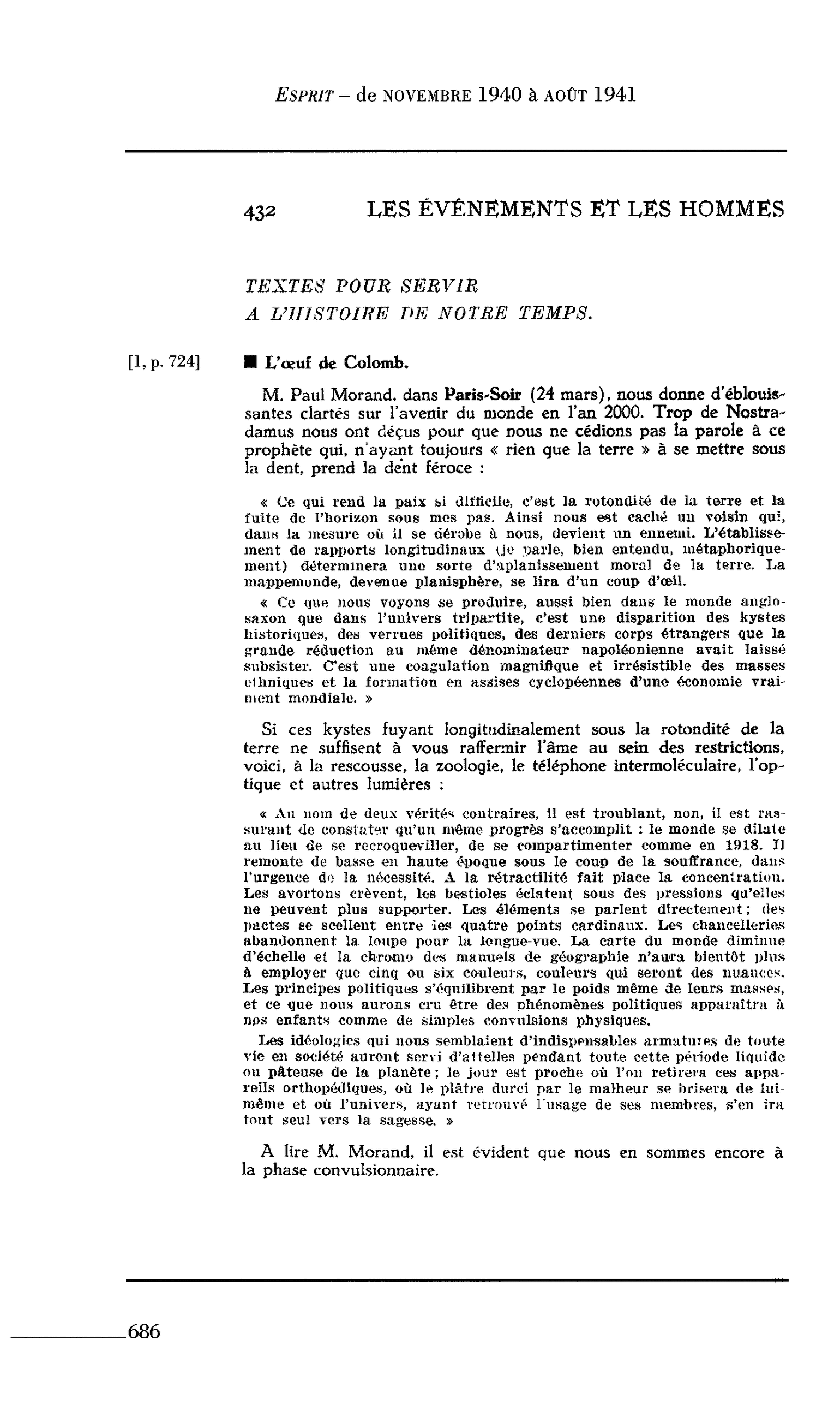 Journal des Témoins. TEXTES POUR SERVIR A L’HISTOIRE DE NOTRE TEMPS : L’oeuf de Colomb