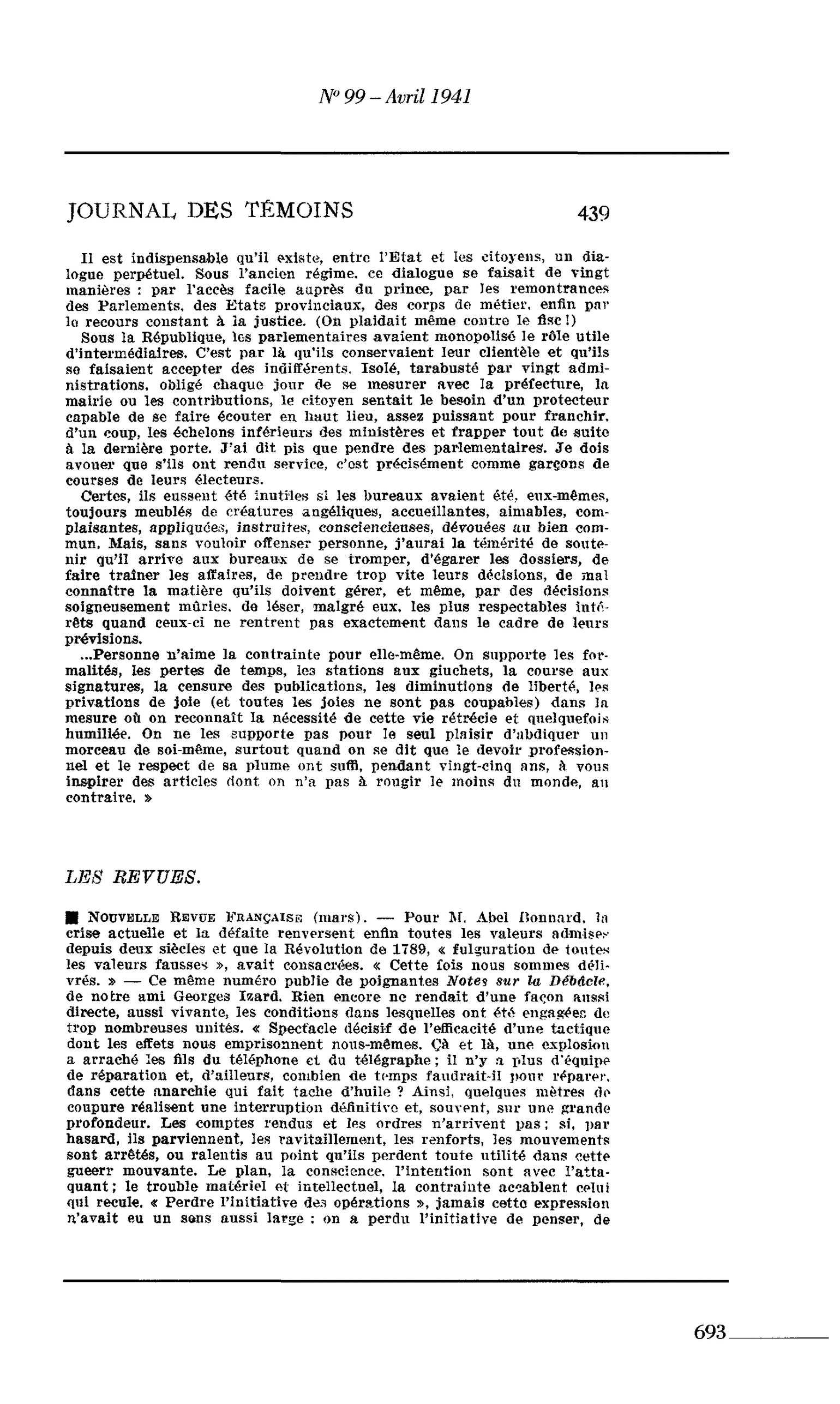Journal des Témoins. LES REVUES : Nouvelle Revue Française (mars)