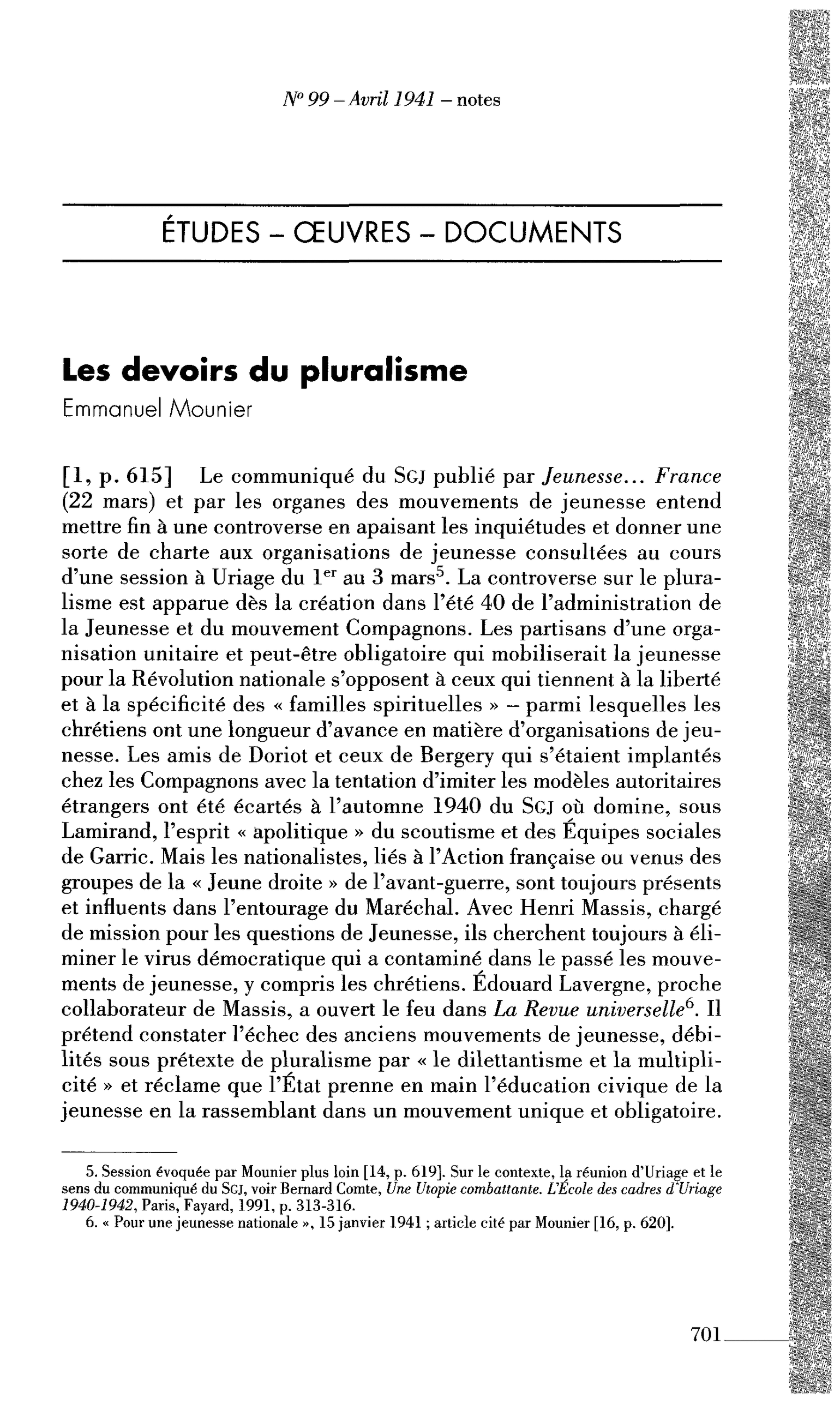 Les devoirs du pluralisme (par Mounier Emmanuel)