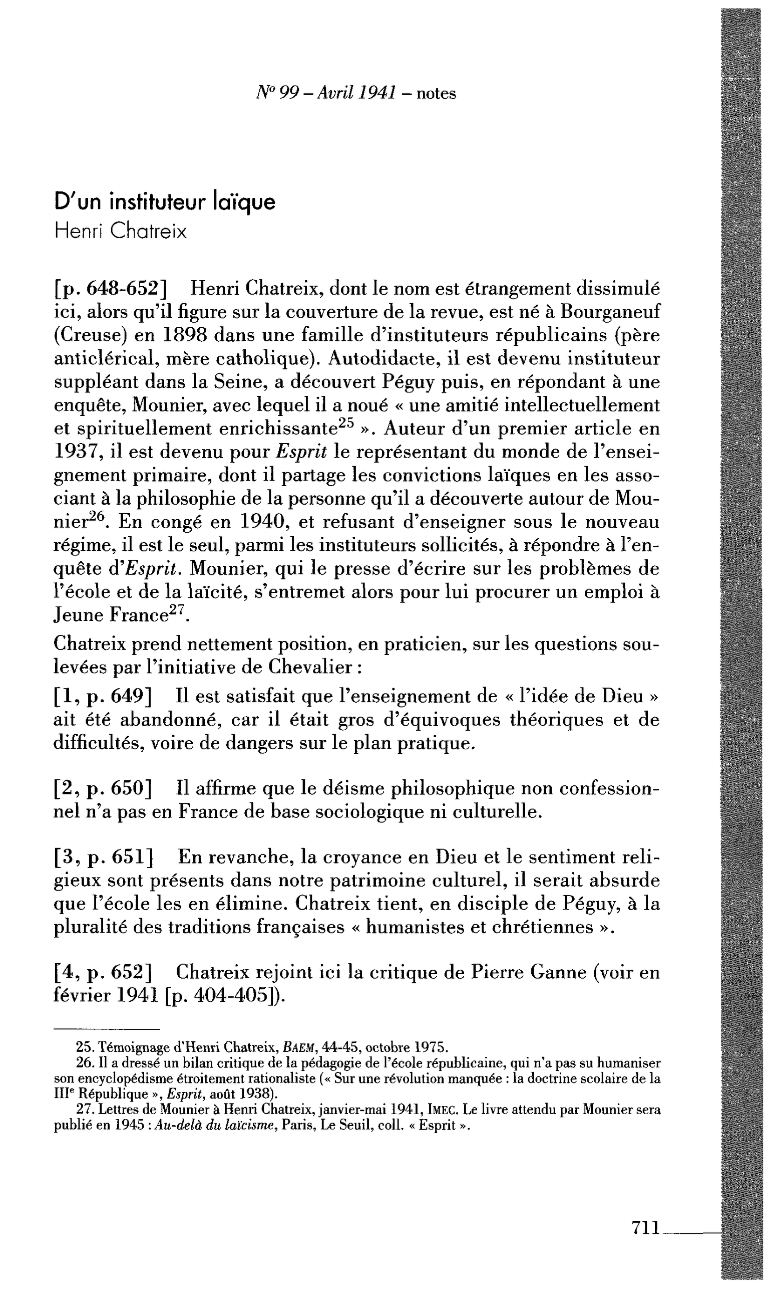 Dieu à l’école III : D’un instituteur laïque (par Chatreix Henri)