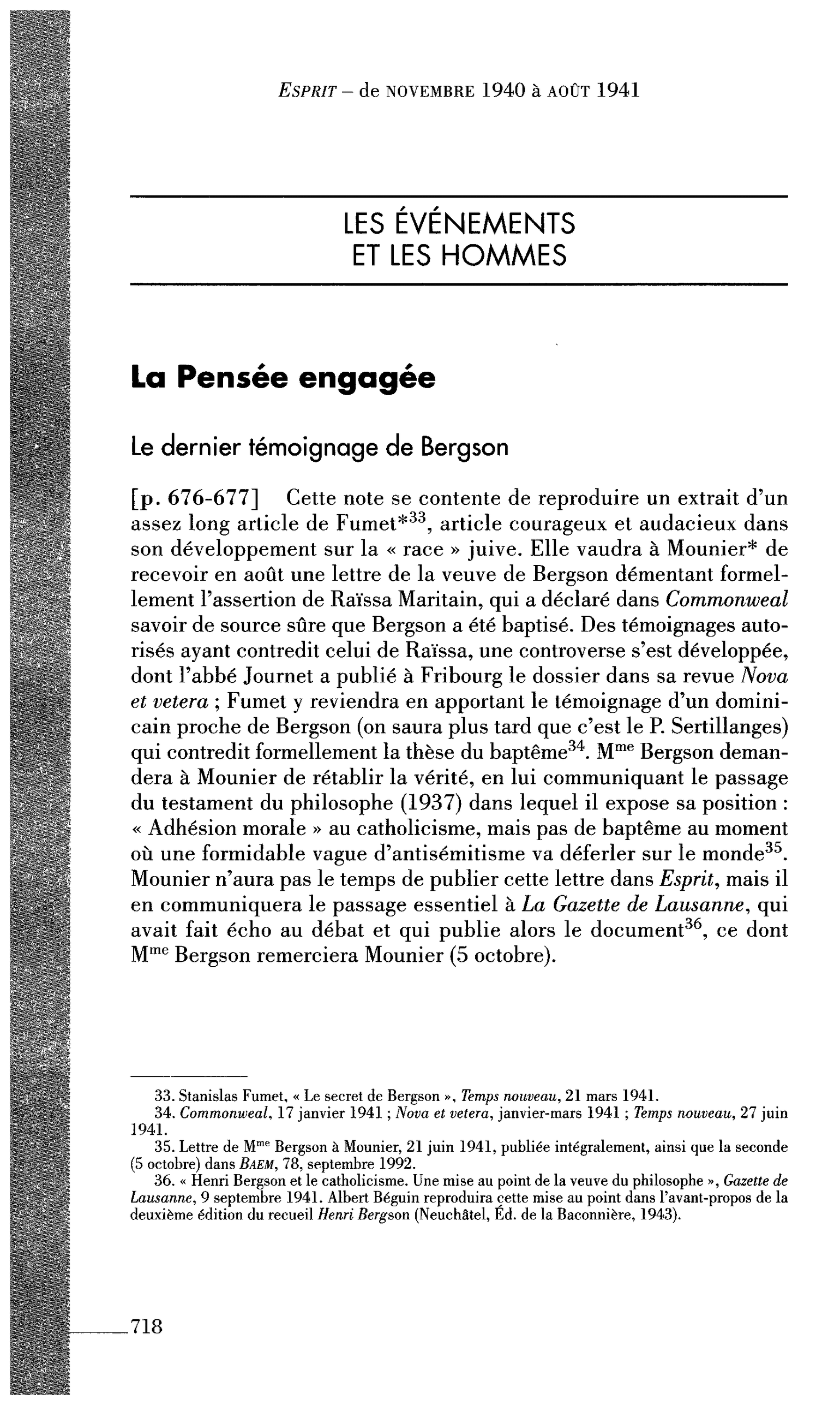 La Pensée engagée : Le dernier témoignage de Bergson