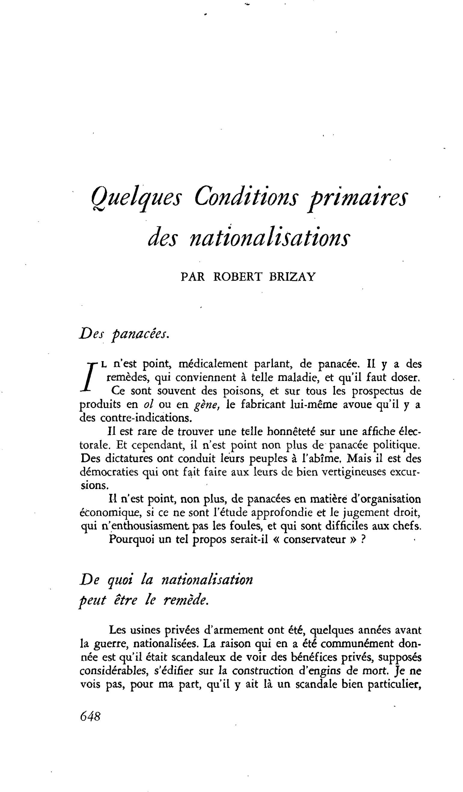 Quelques Conditions primaires des nationalisations