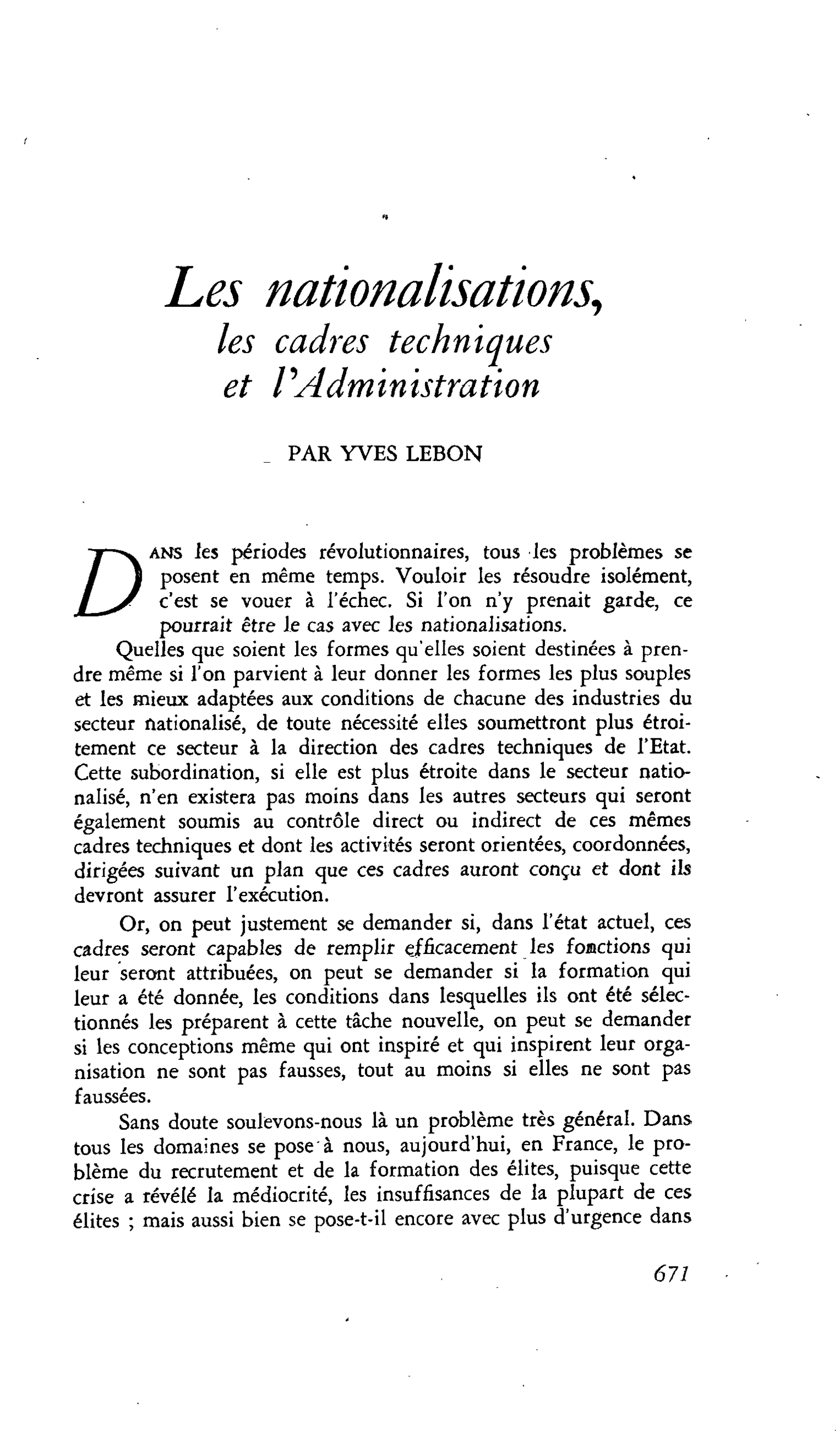 Les nationalisations, les cadres techniques et l’Administration