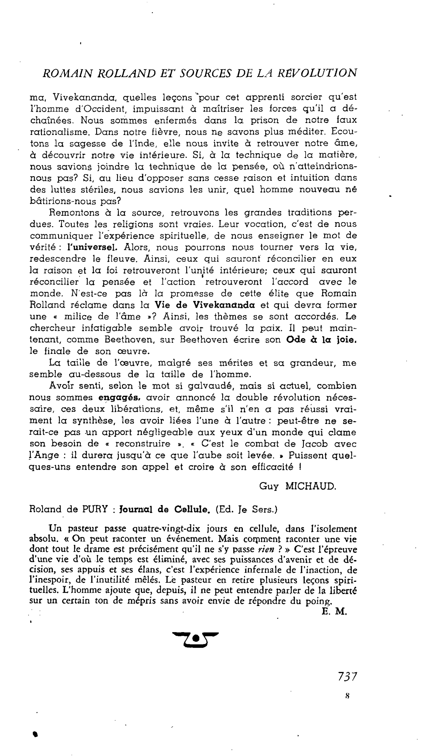 Les Lettres. Roland de PURY : Journal de Cellule