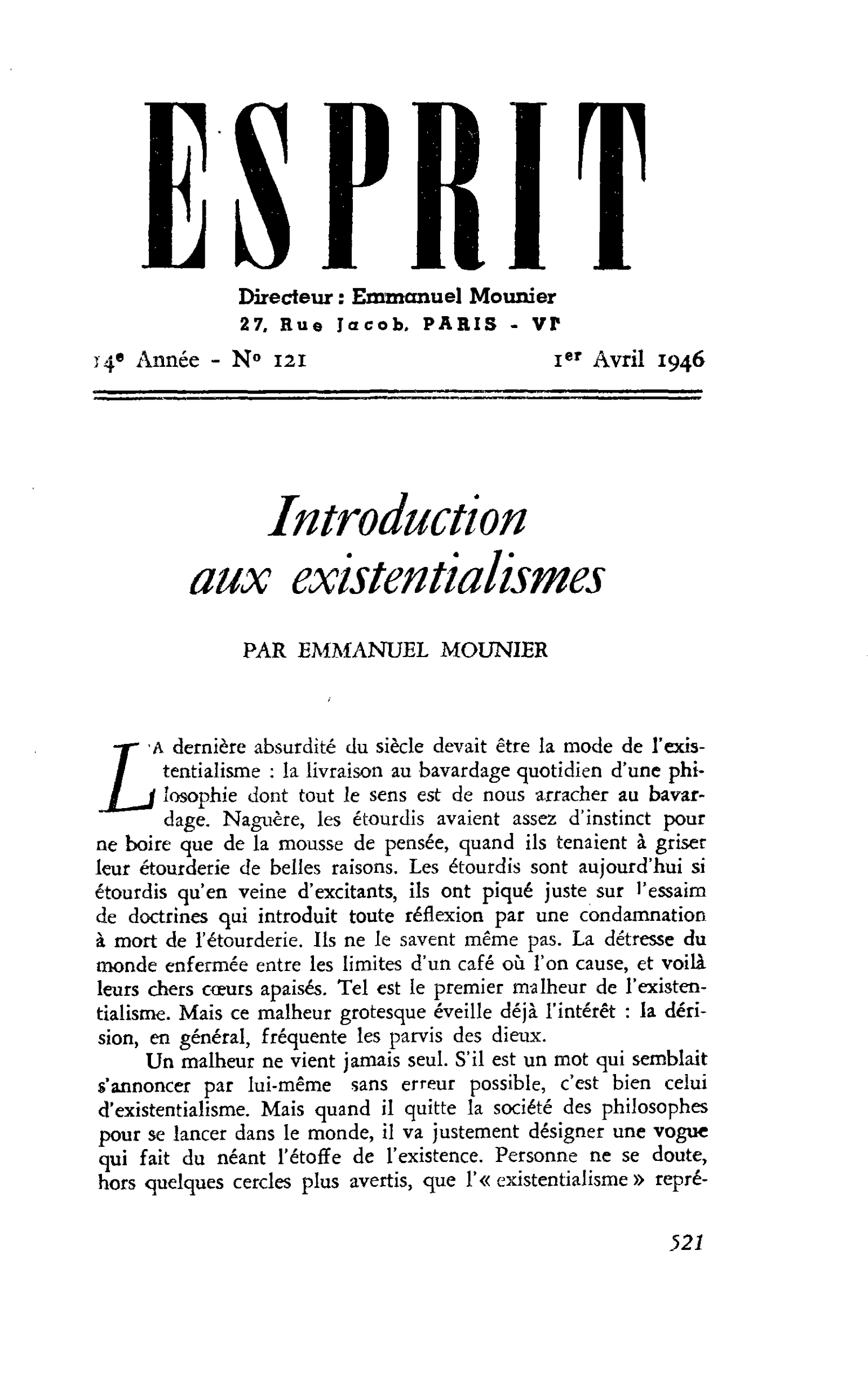 Introduction aux existentialismes
