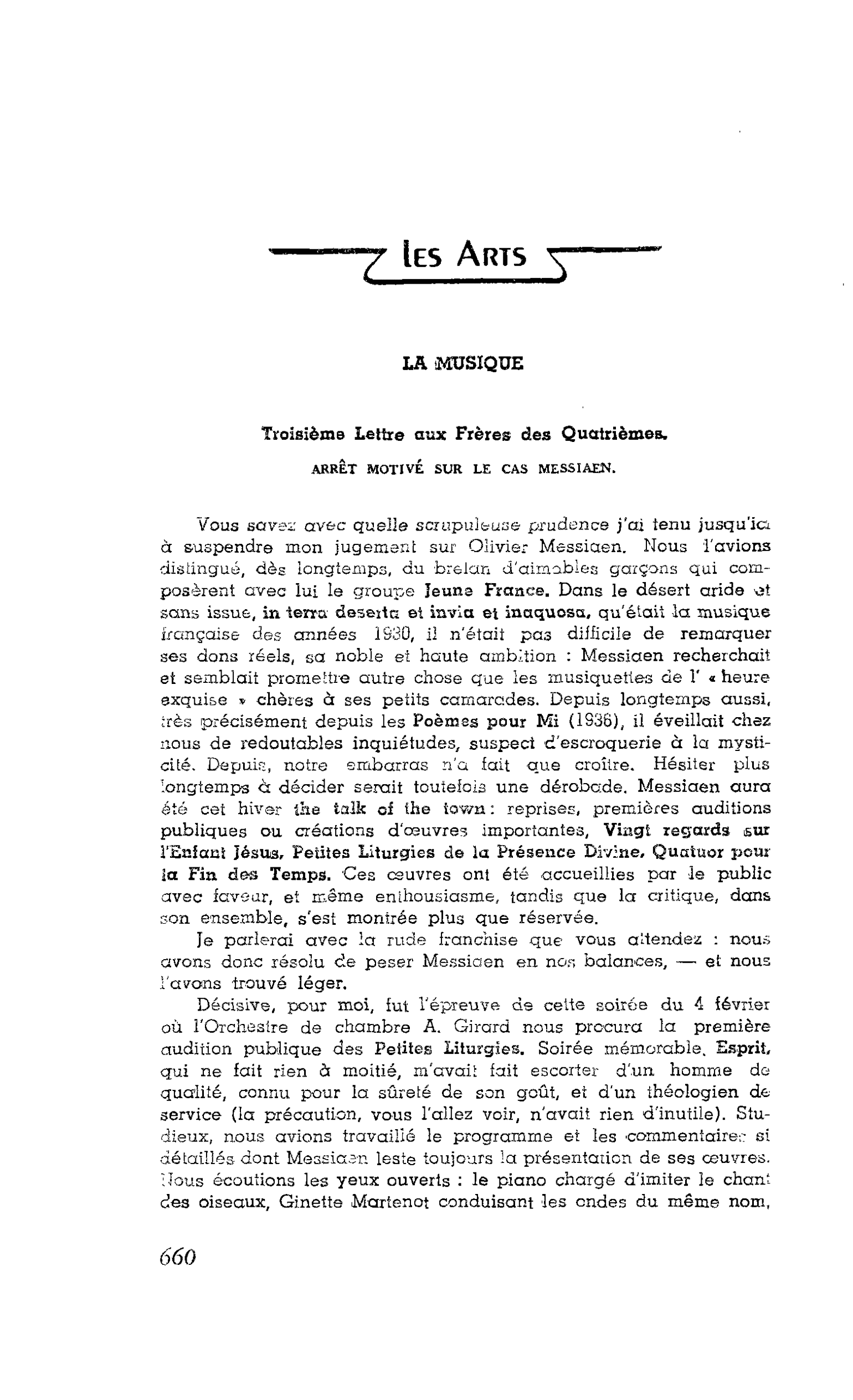 LES ARTS. LA MUSIQUE : Troisième Lettre aux Frères des Quatrièmes