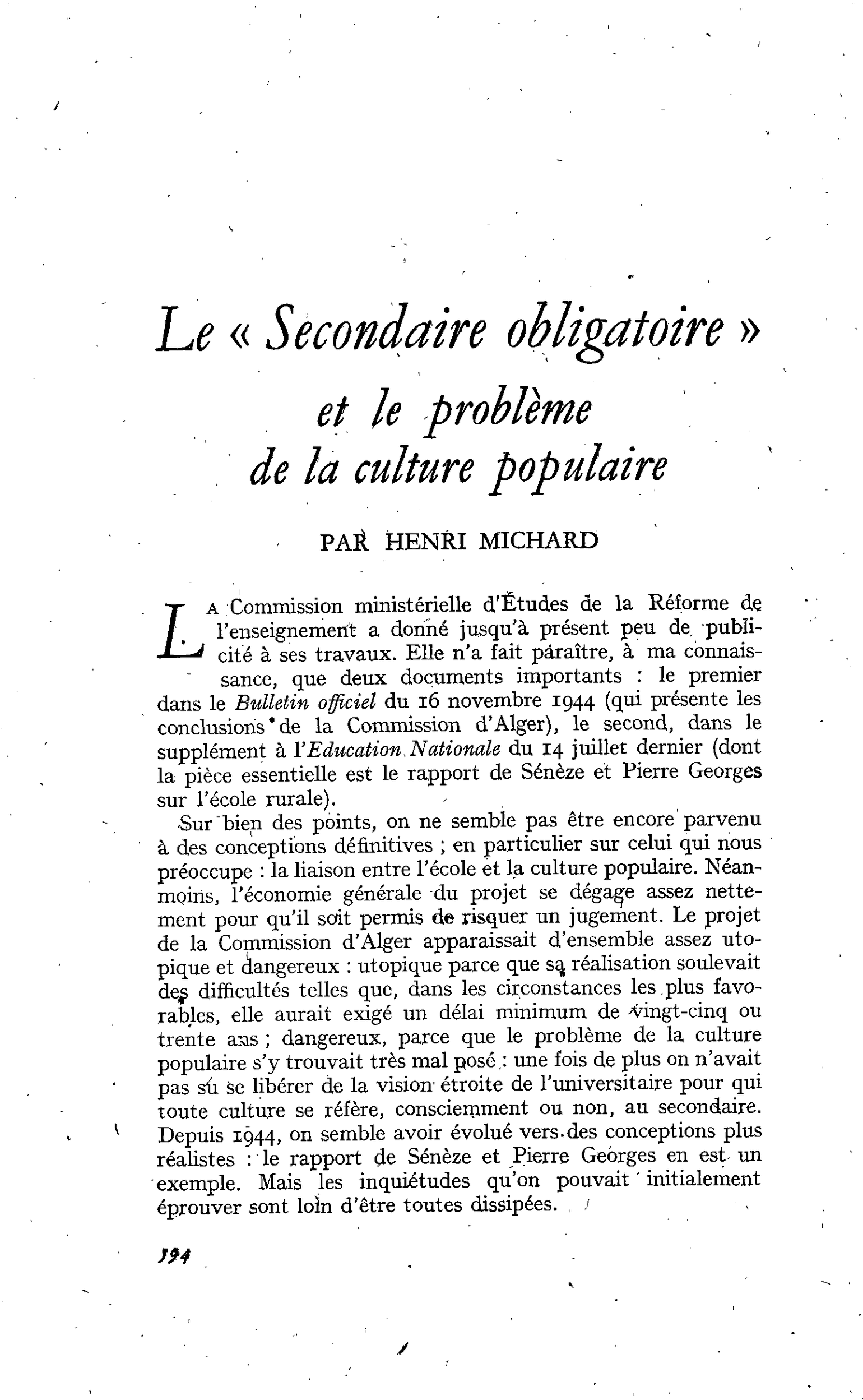 Le « Secondaire obligatoire » et le problème de la culture populaire