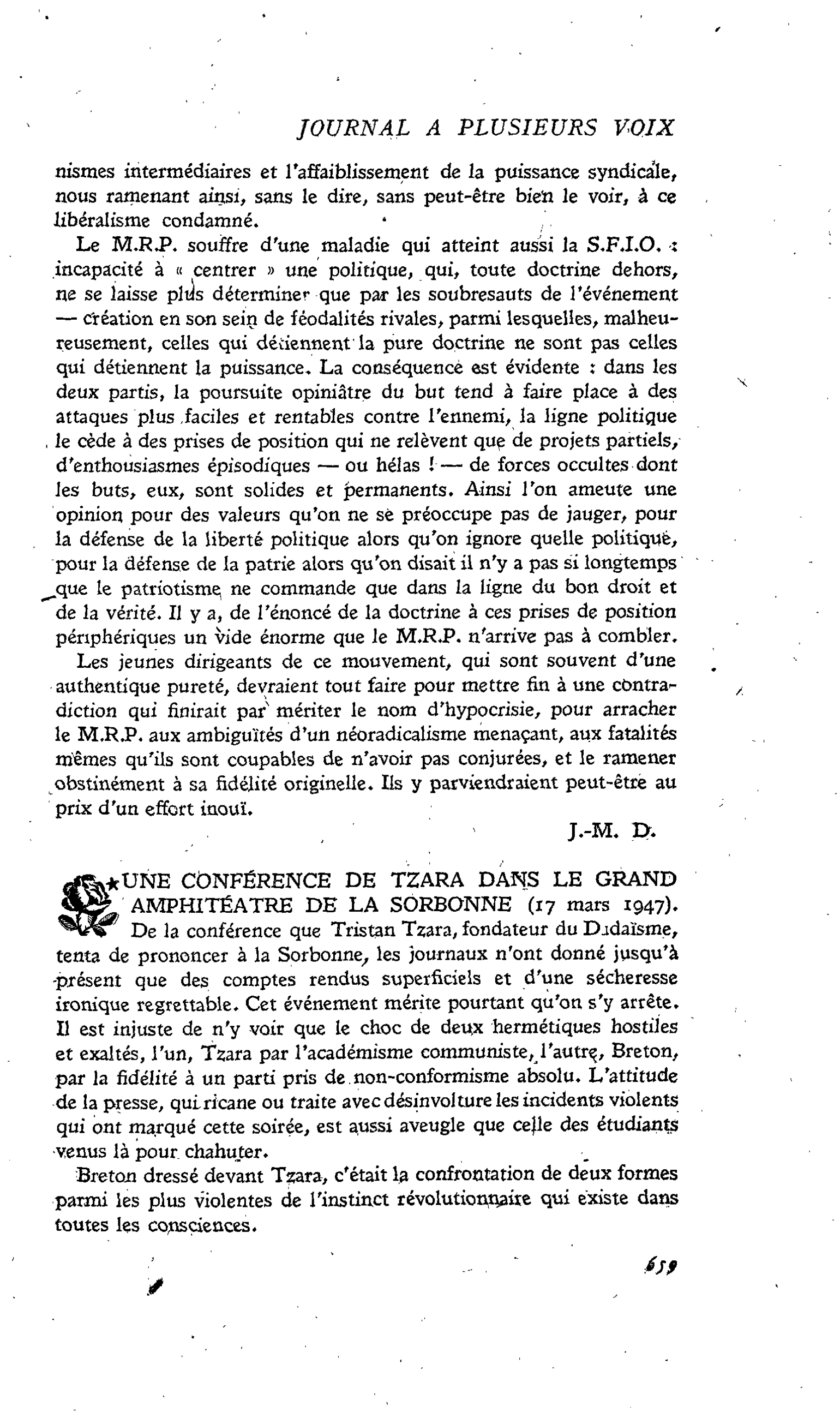 UNE CONFÉRENCE DE TZARA DANS LE GRAND AMPHITHÉÂTRE DE LA SORBONNE (17 mars 1947)