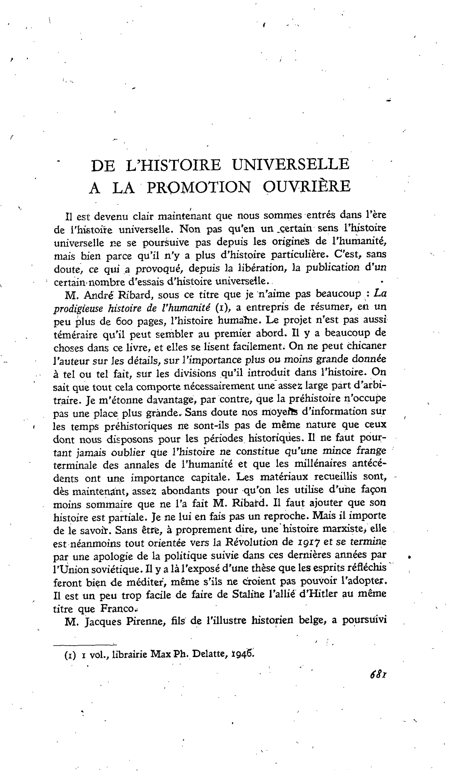DE L’HISTOIRE UNIVERSELLE A LA PROMOTION OUVRIÈRE