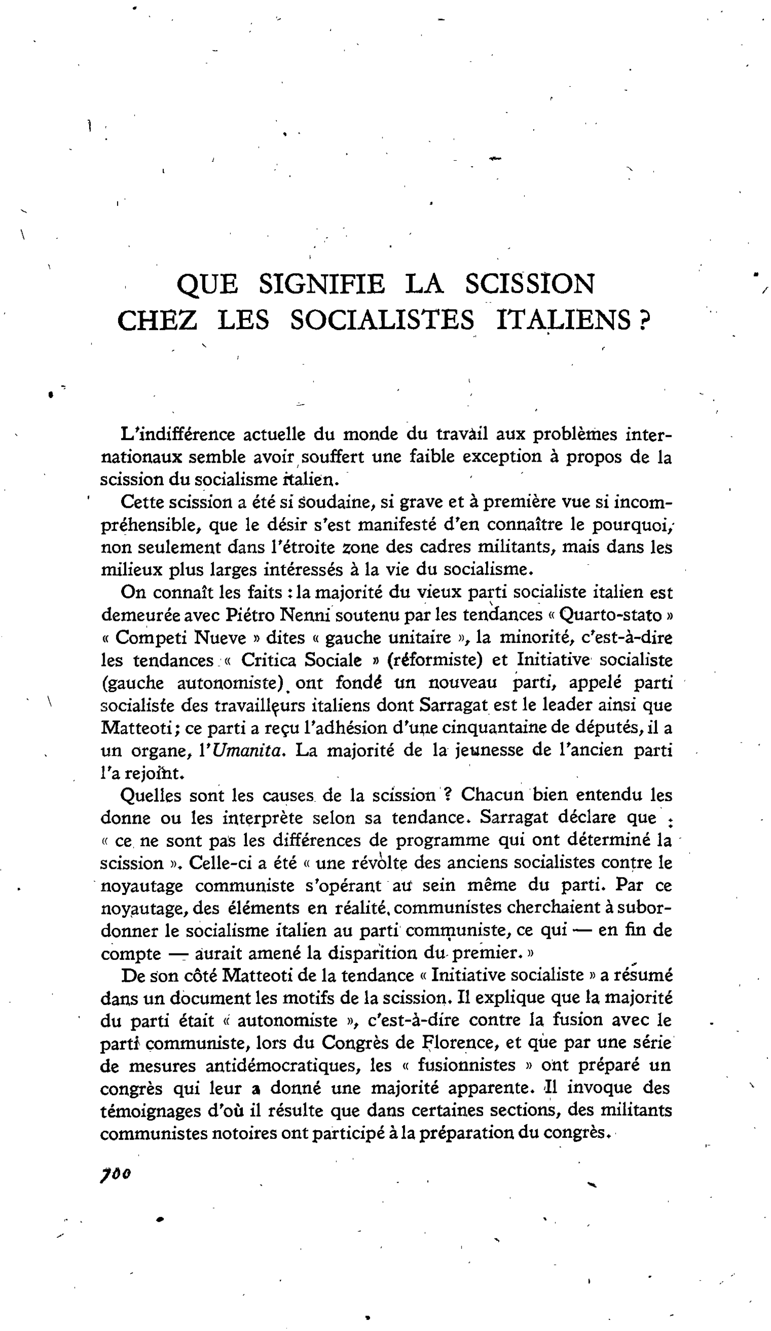 QUE SIGNIFIE LA SCISSION CHEZ LES SOCIALISTES ITALIENS ?