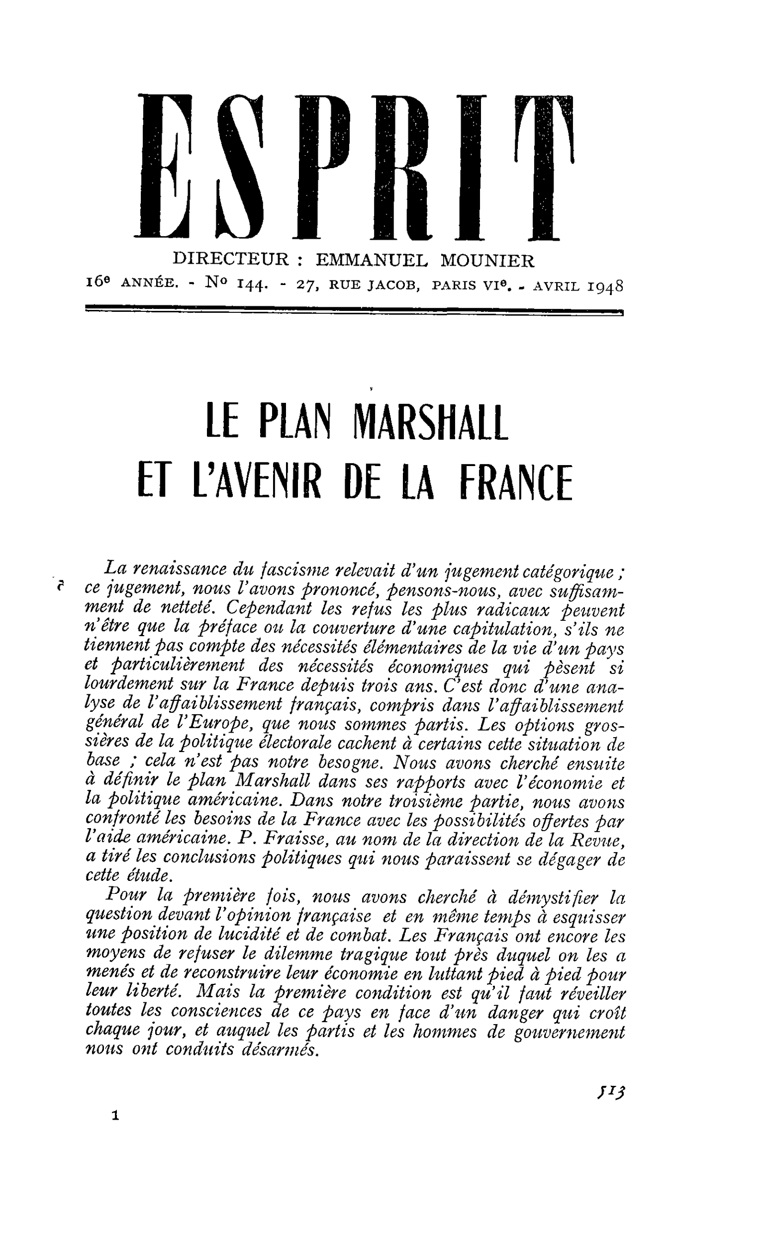 LE PLAN MARSHALL ET L’AVENIR DE LA FRANCE
