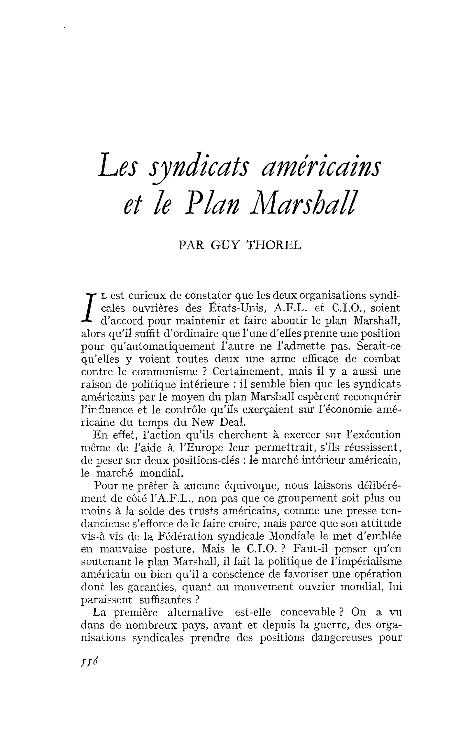 Les syndicats américains et le Plan Marshall