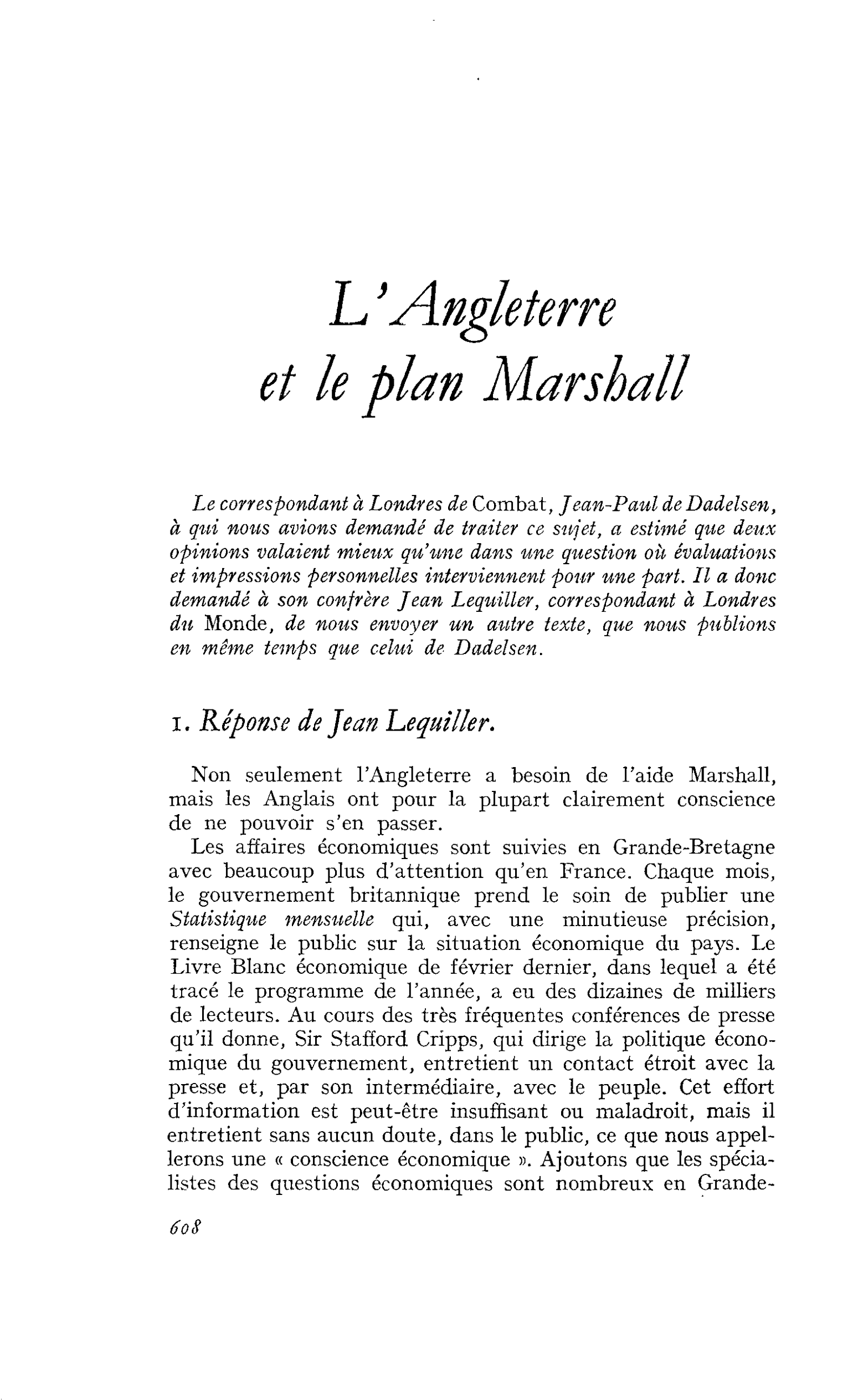 L’Angleterre et le plan Marshall : I. Réponse de Jean Lequiller