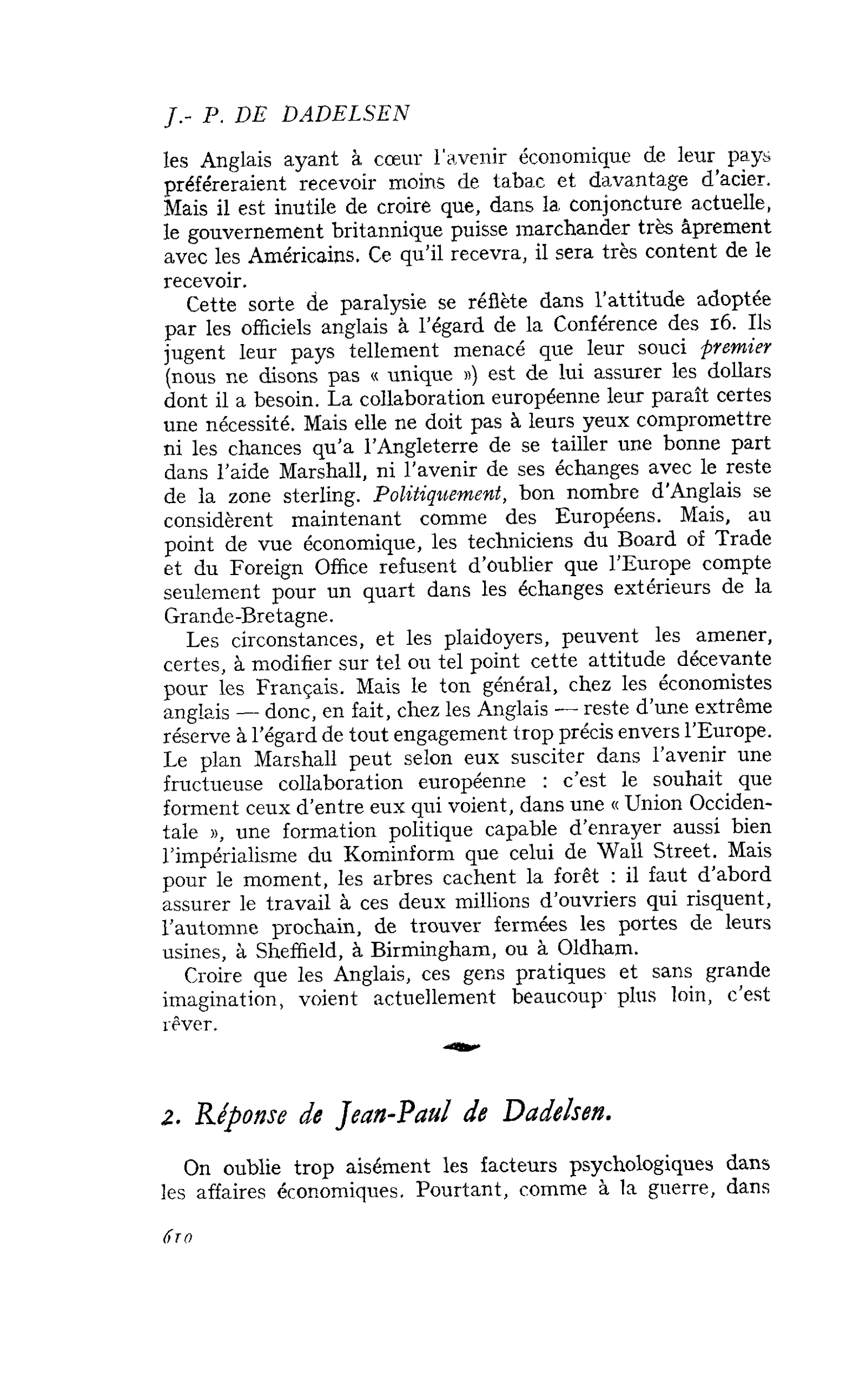 L’Angleterre et le plan Marshall : 2. Réponse de Jean-Paul de Dadelsen