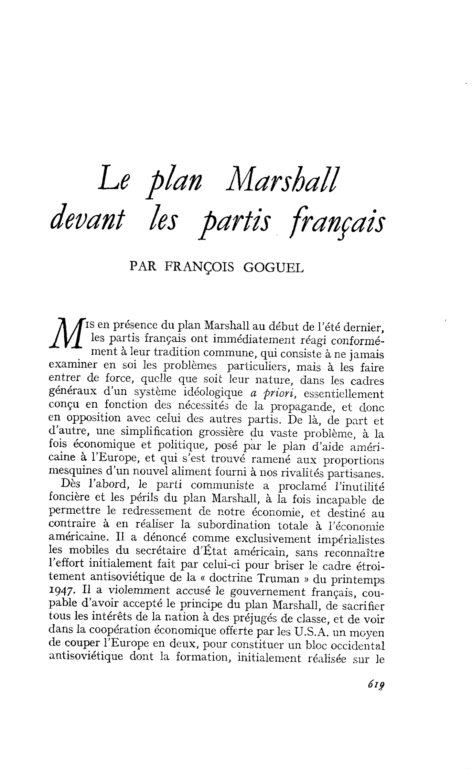 Le plan Marshall devant les partis français
