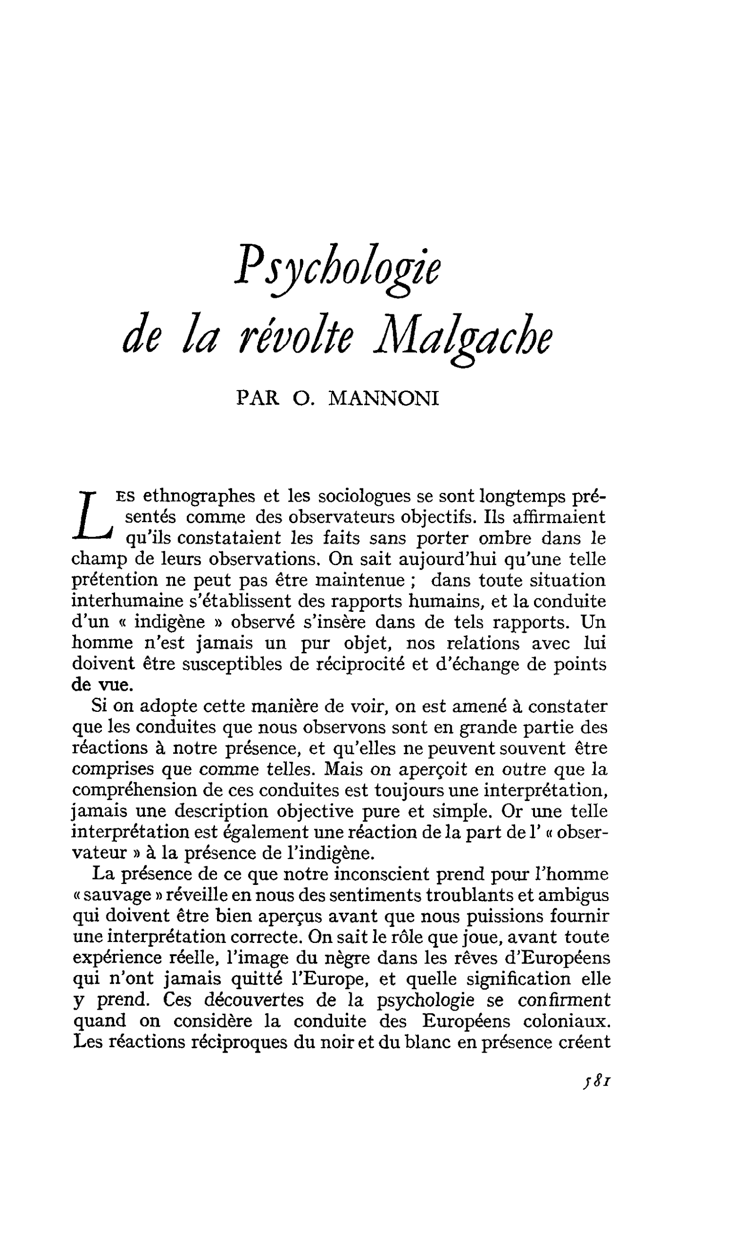 Psychologie de la révolte Malgache