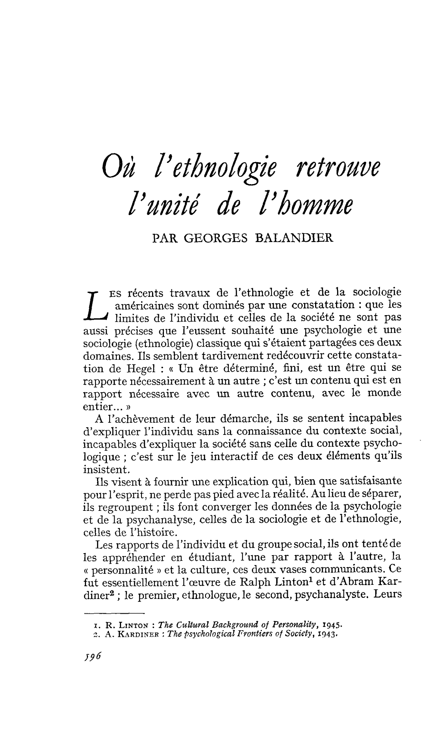 Où l’ethnologie retrouve l’unité de l’homme