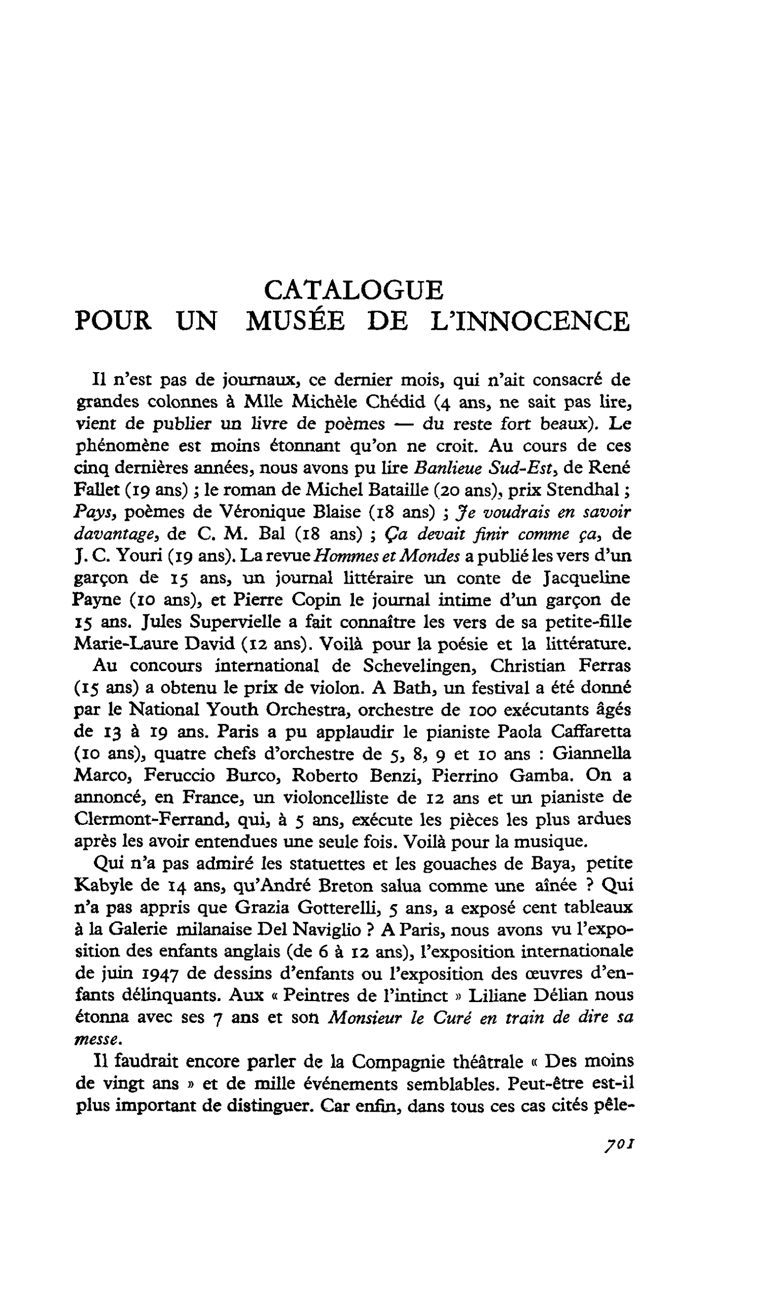 CATALOGUE POUR UN MUSÉE DE L’INNOCENCE