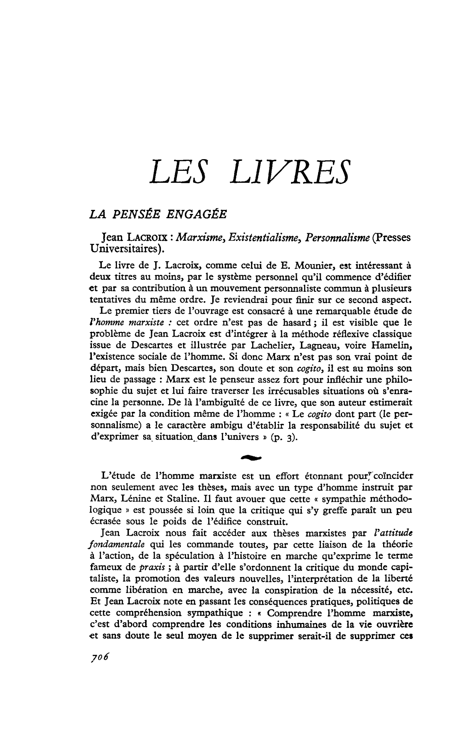 Jean Lacroix : Marxisme, Existentialisme, Personnalisme
