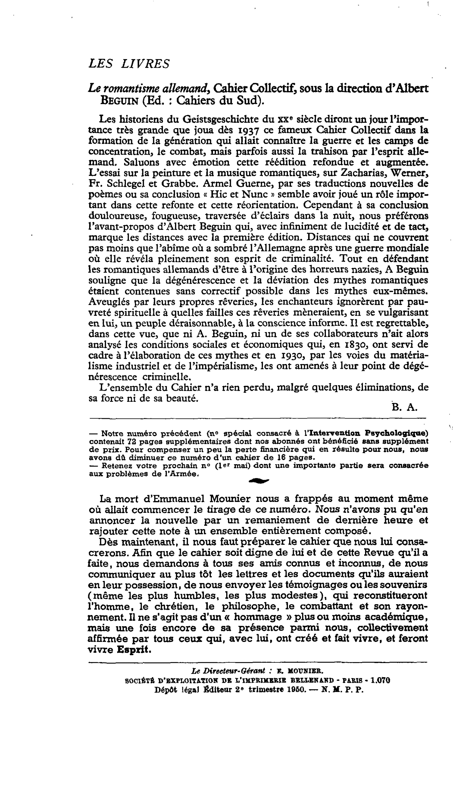 Le romantisme allemand, Cahier Collectif, sous la direction d’Albert Béguin