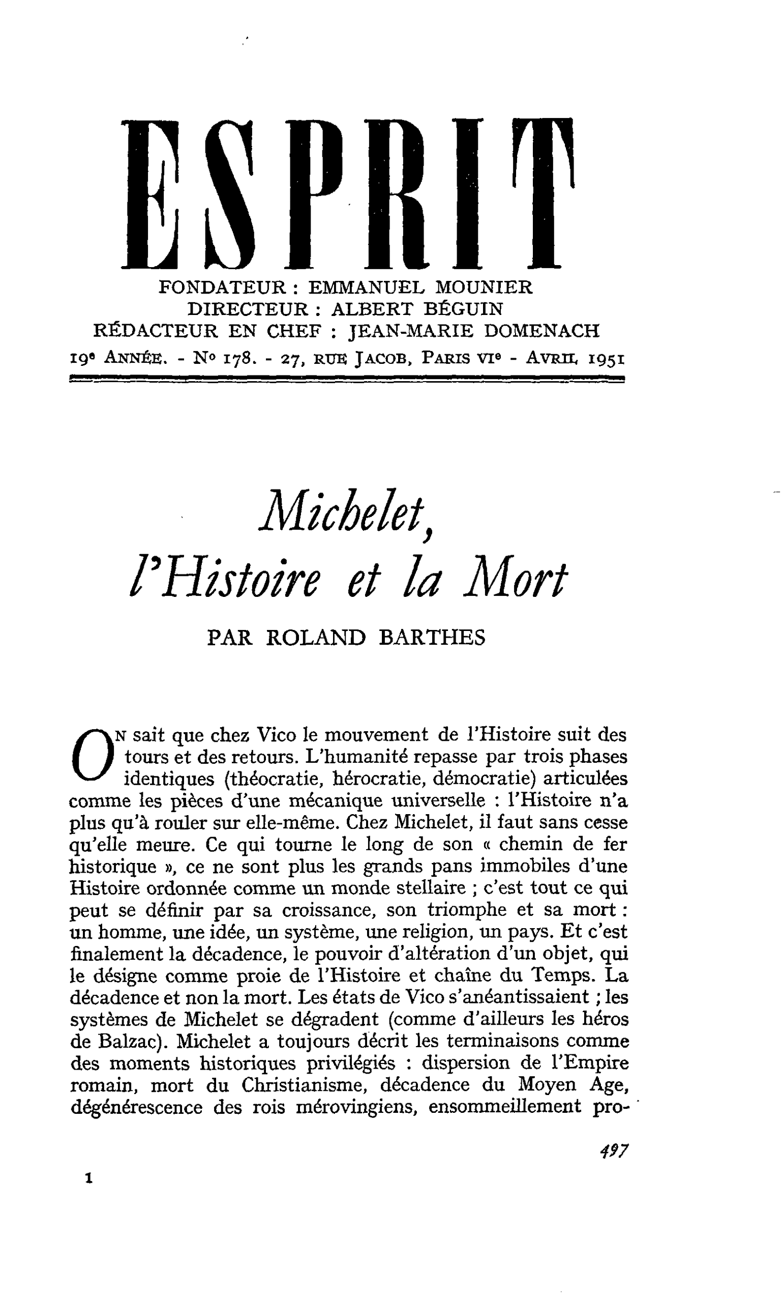 Michelet, l’Histoire et la Mort