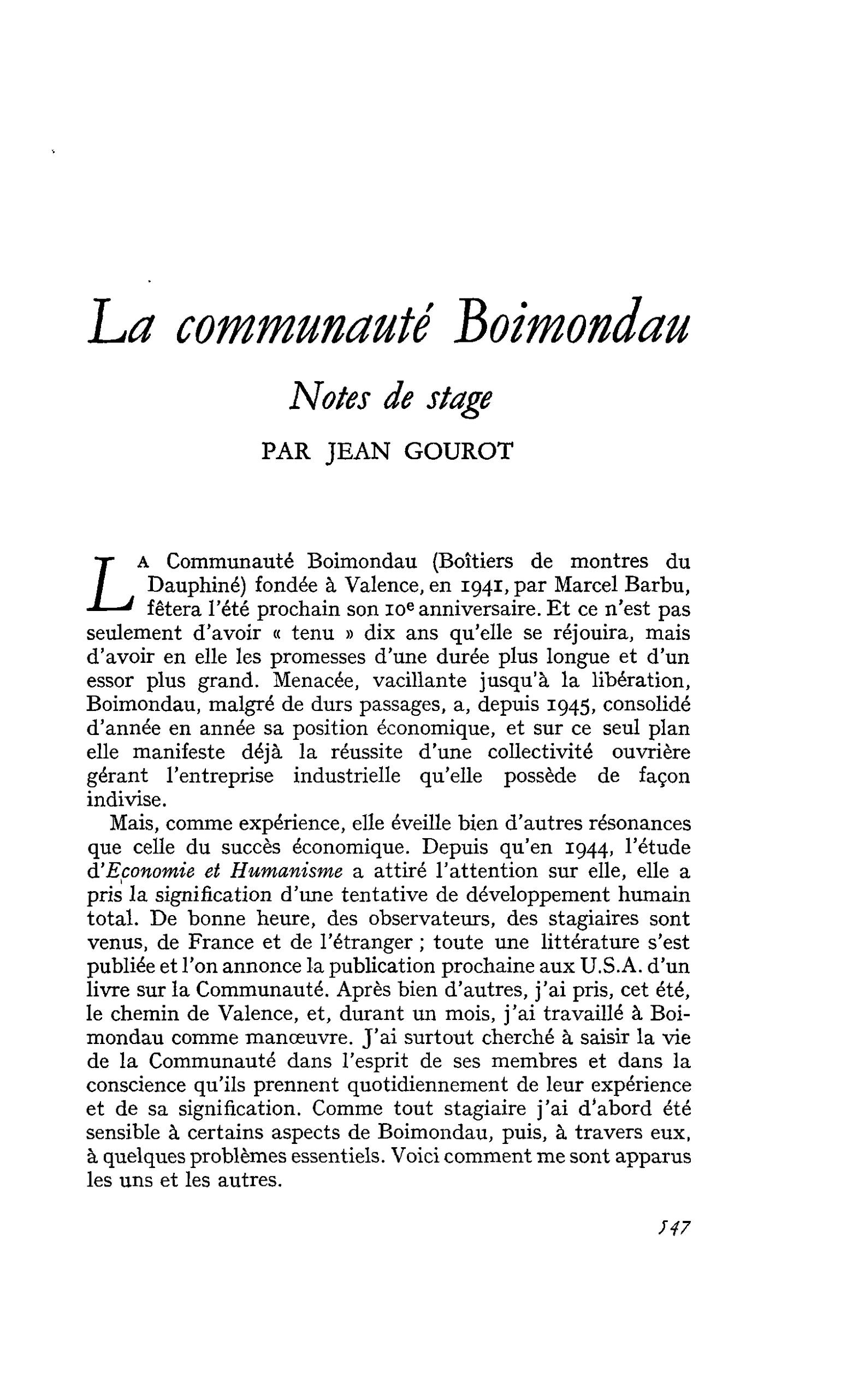 La communauté Boimondau Notes de stage