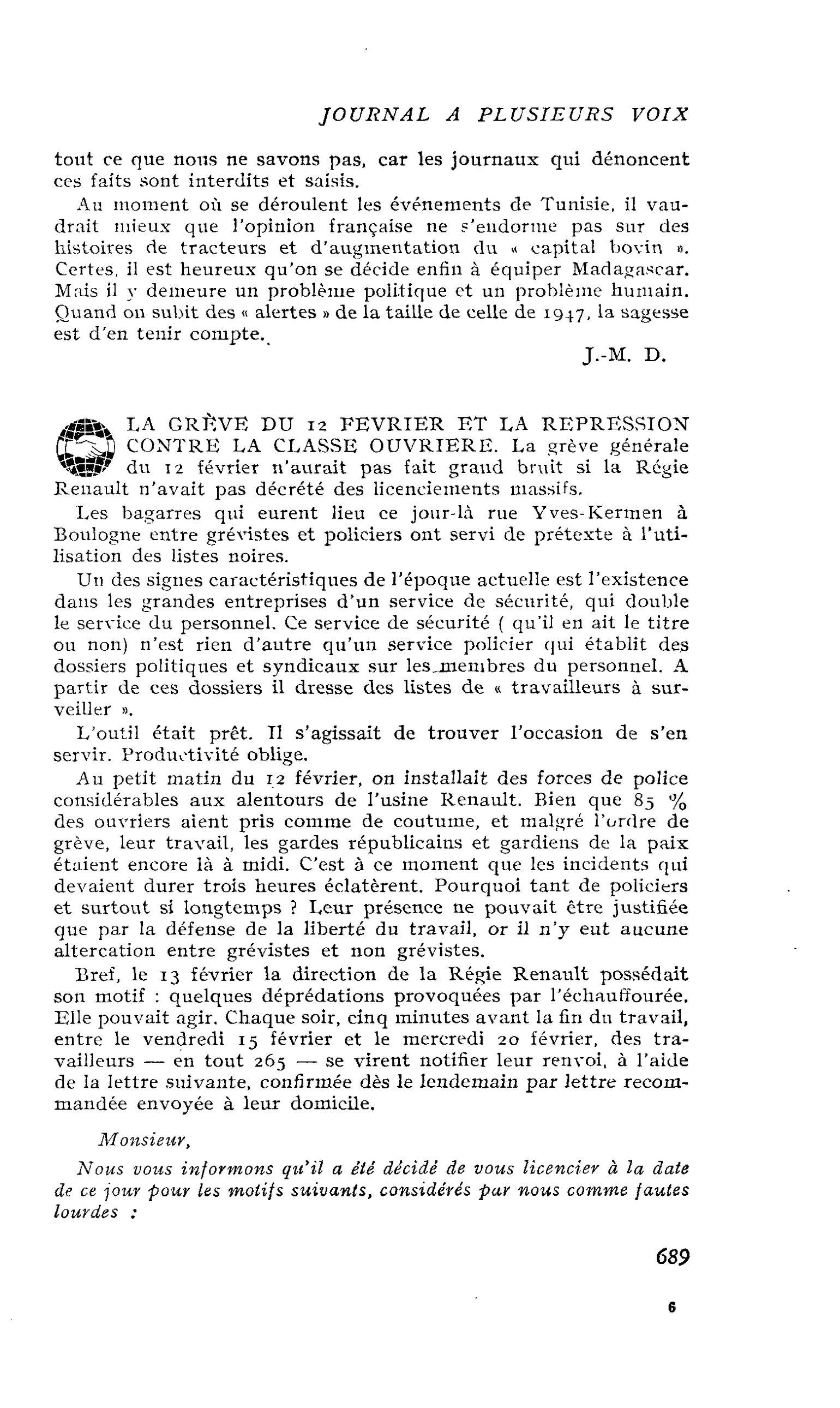 LA GRÈVE DU 12 FEVRIER ET LA REPRESSION CONTRE LA CLASSE OUVRIERE