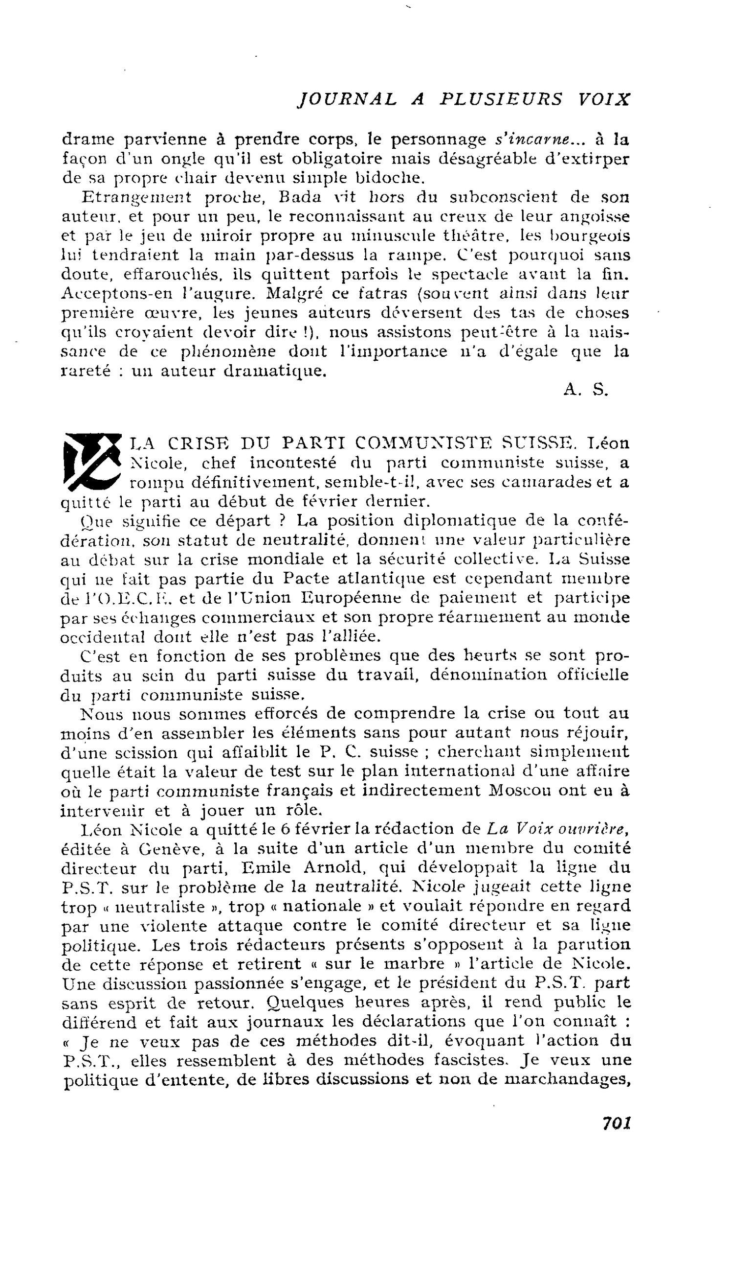 LA CRISE DU PARTI COMMUNISTE SUISSE