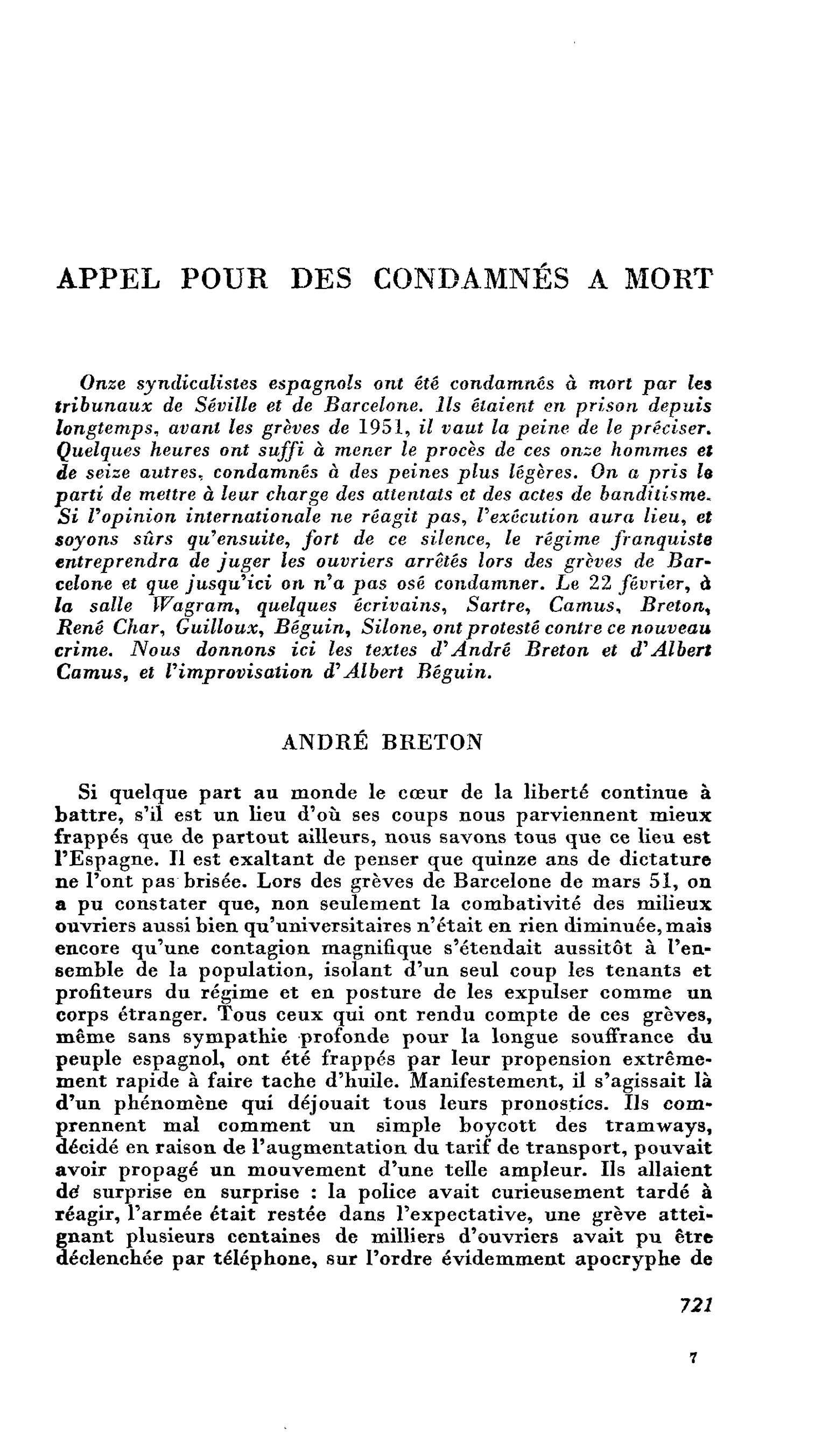 APPEL POUR DES CONDAMNÉS A MORT : ANDRÉ BRETON