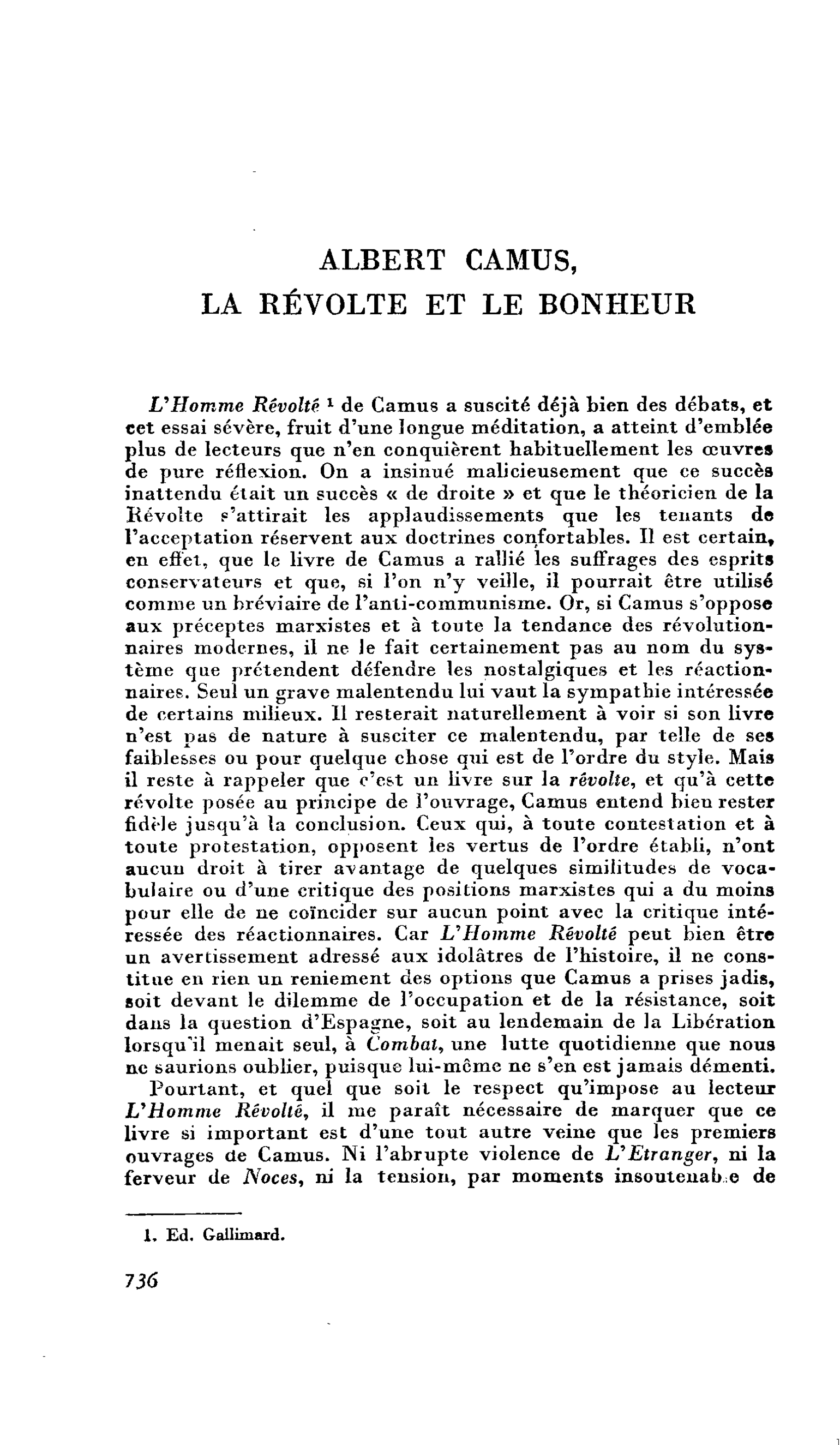 ALBERT CAMUS, LA RÉVOLTE ET LE BONHEUR