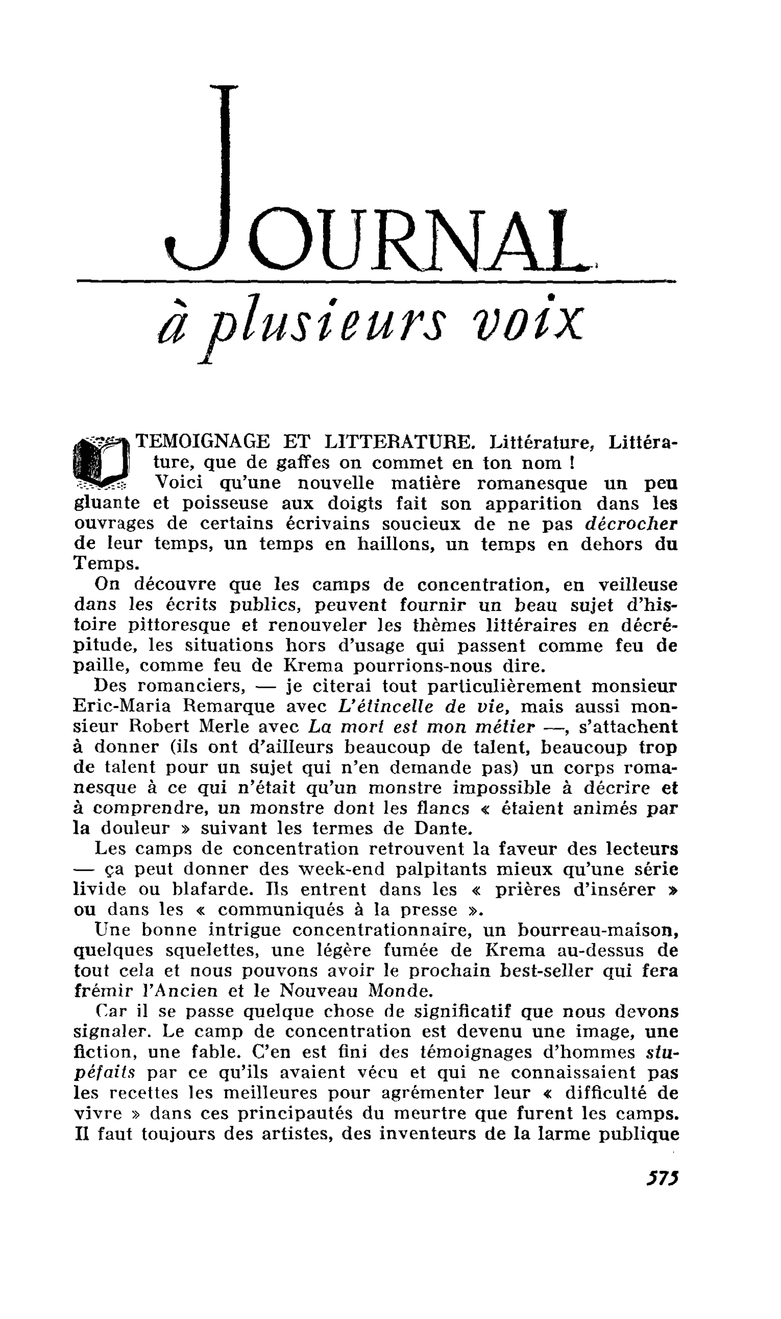 TEMOIGNAGE ET LITTERATURE