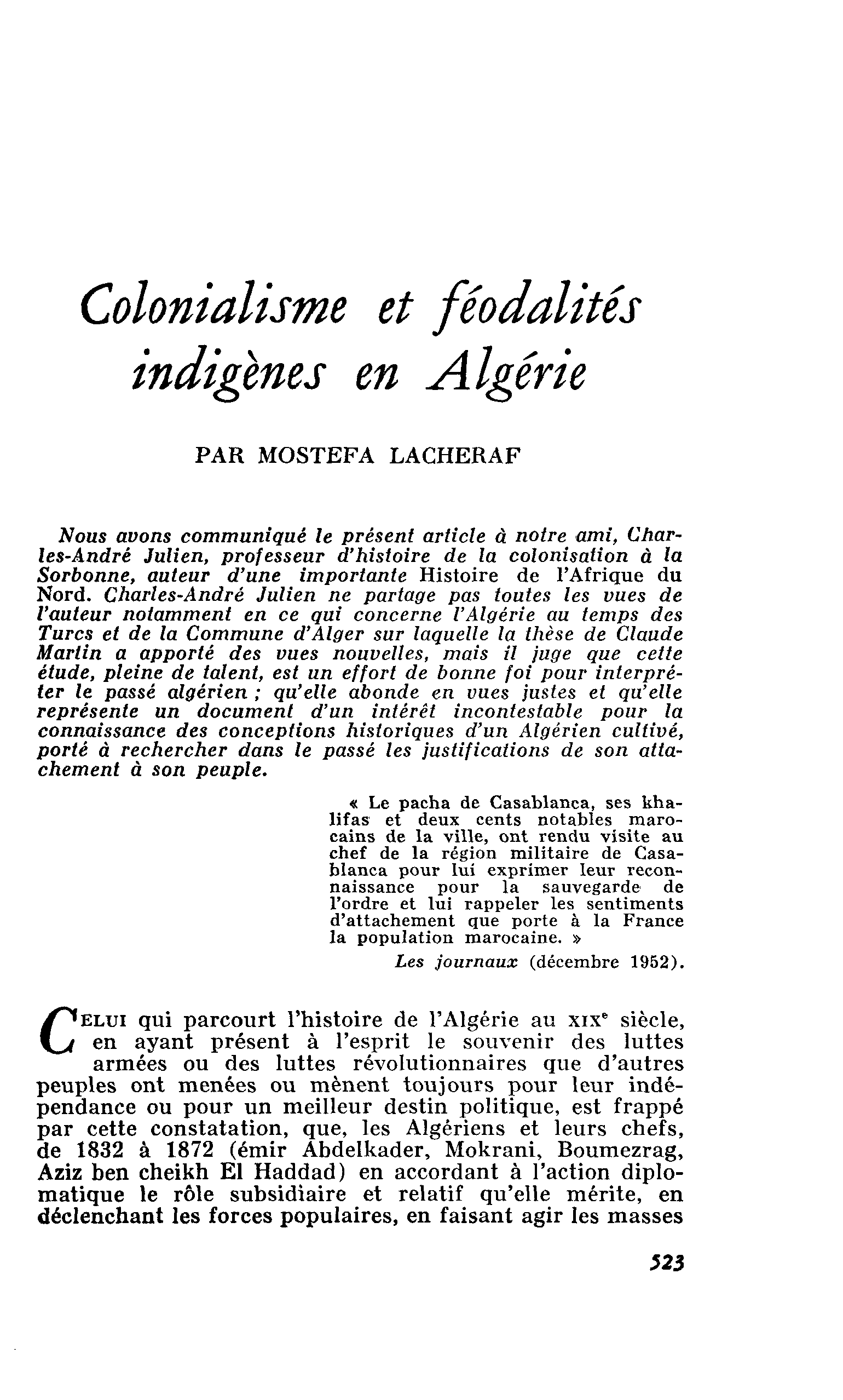 Colonialisme et féodalités indigènes en Algérie