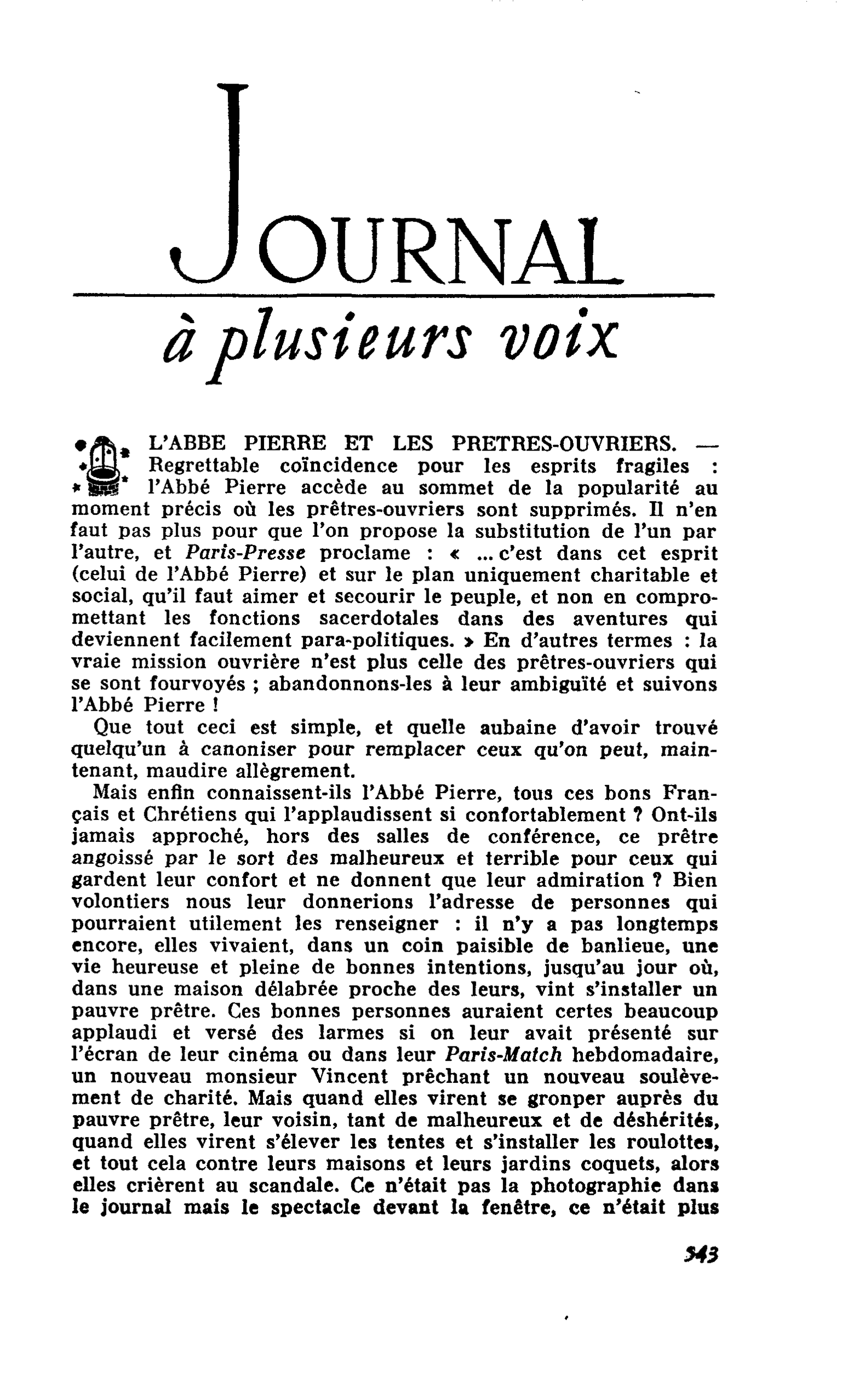 L’ABBE PIERRE ET LES PRETRES-OUVRIERS
