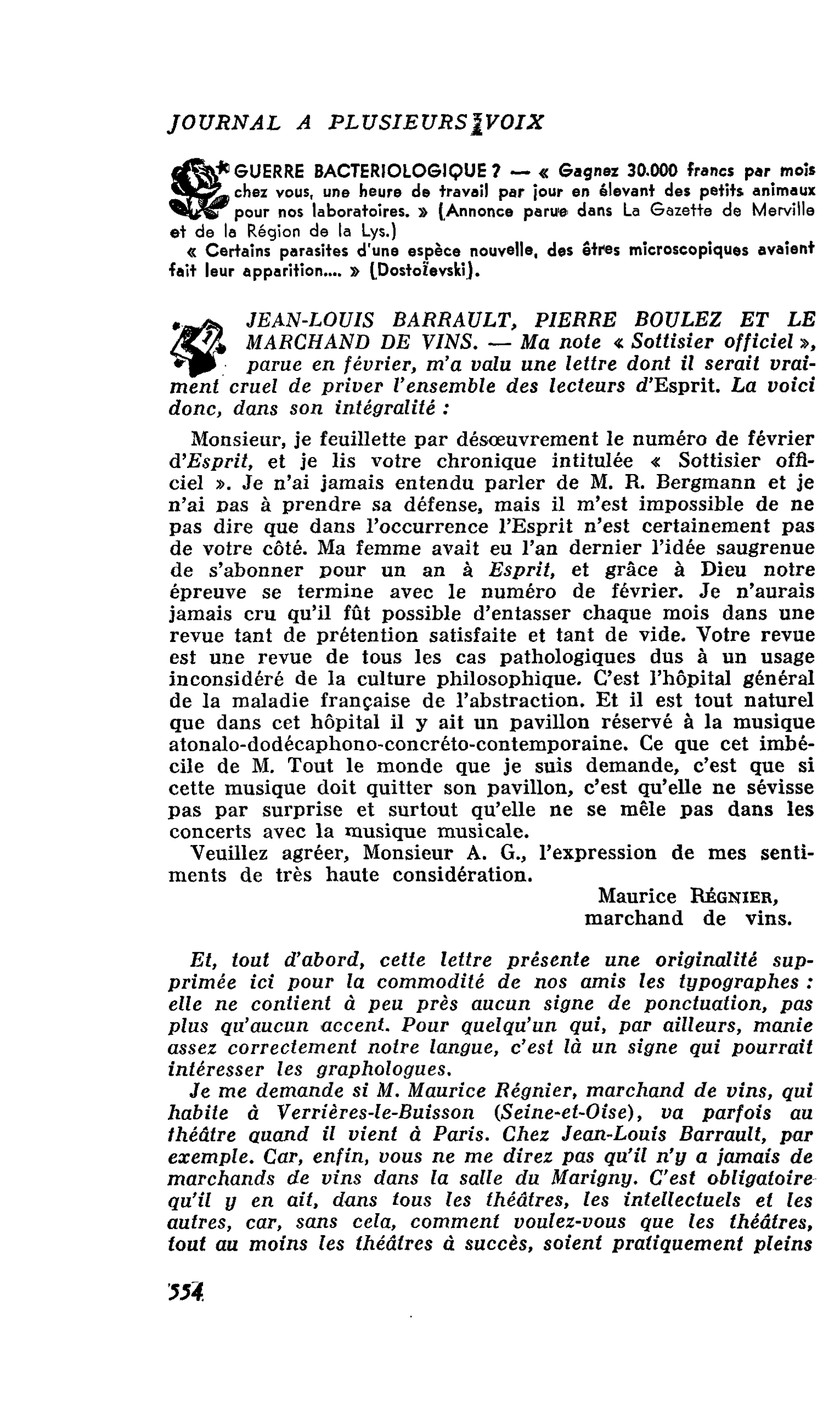 JEAN-LOUIS BARRAULT, PIERRE BOULEZ ET LE MARCHAND DE VINS