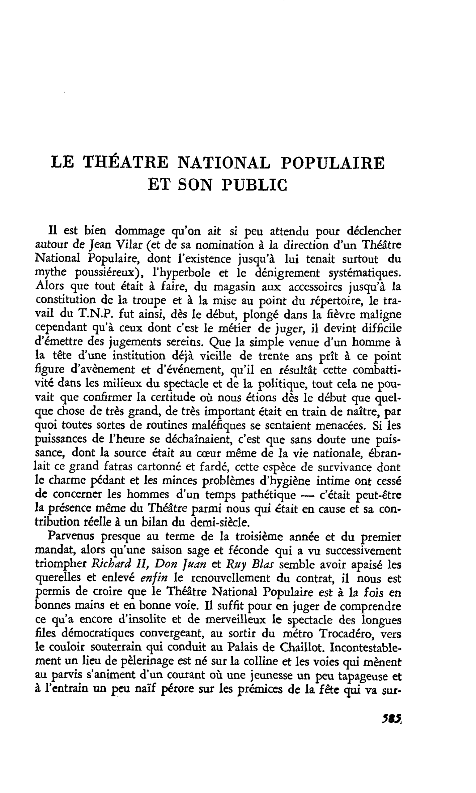 LE THÉÂTRE NATIONAL POPULAIRE ET SON PUBLIC