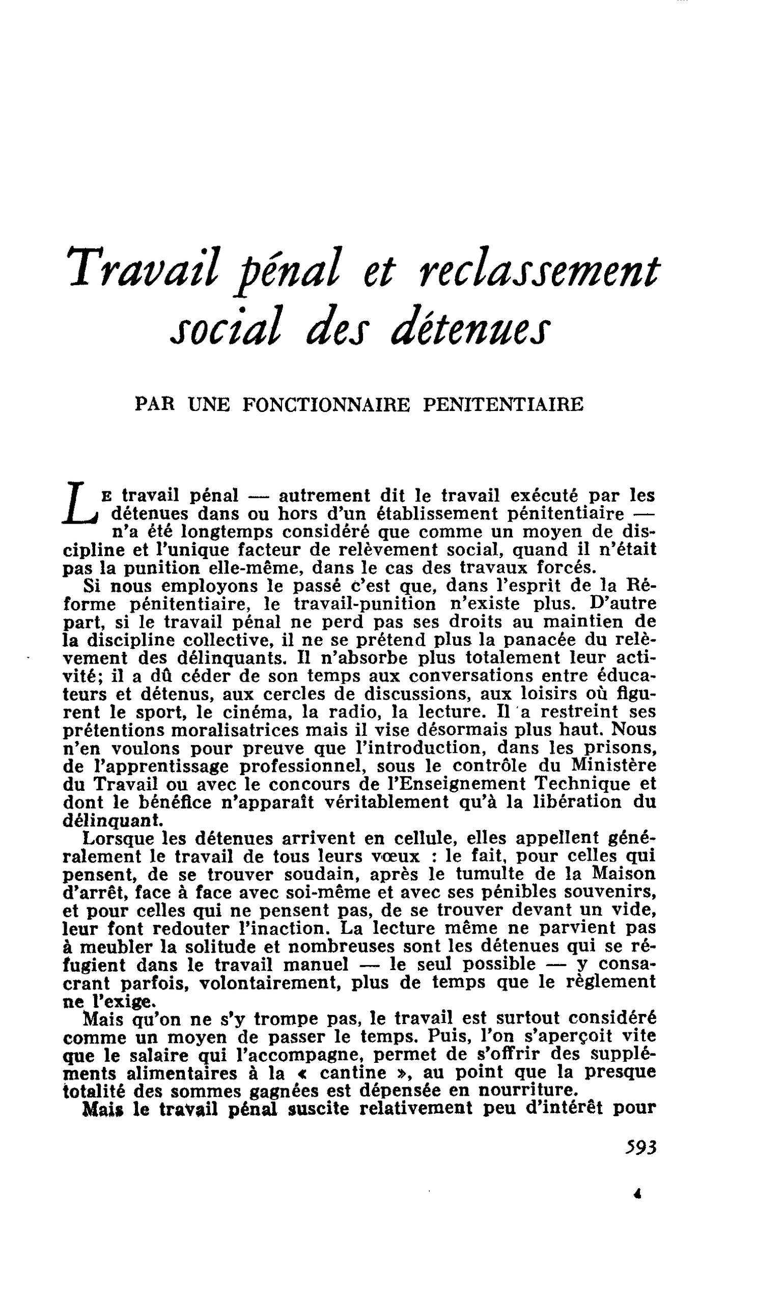 Travail pénal et reclassement social des détenues