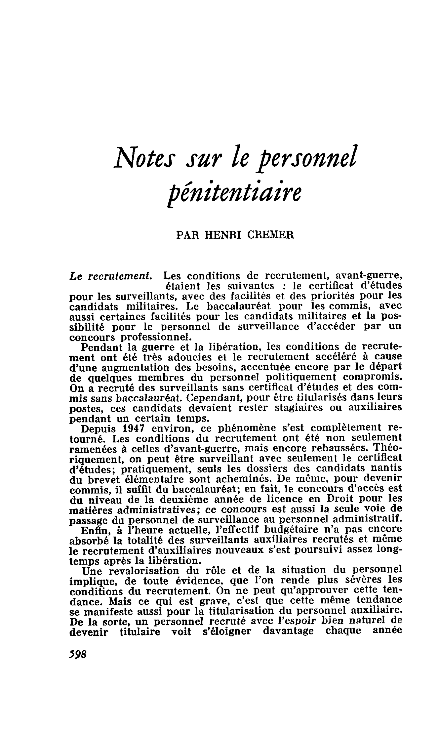 Notes sur le personnel pénitentiaire